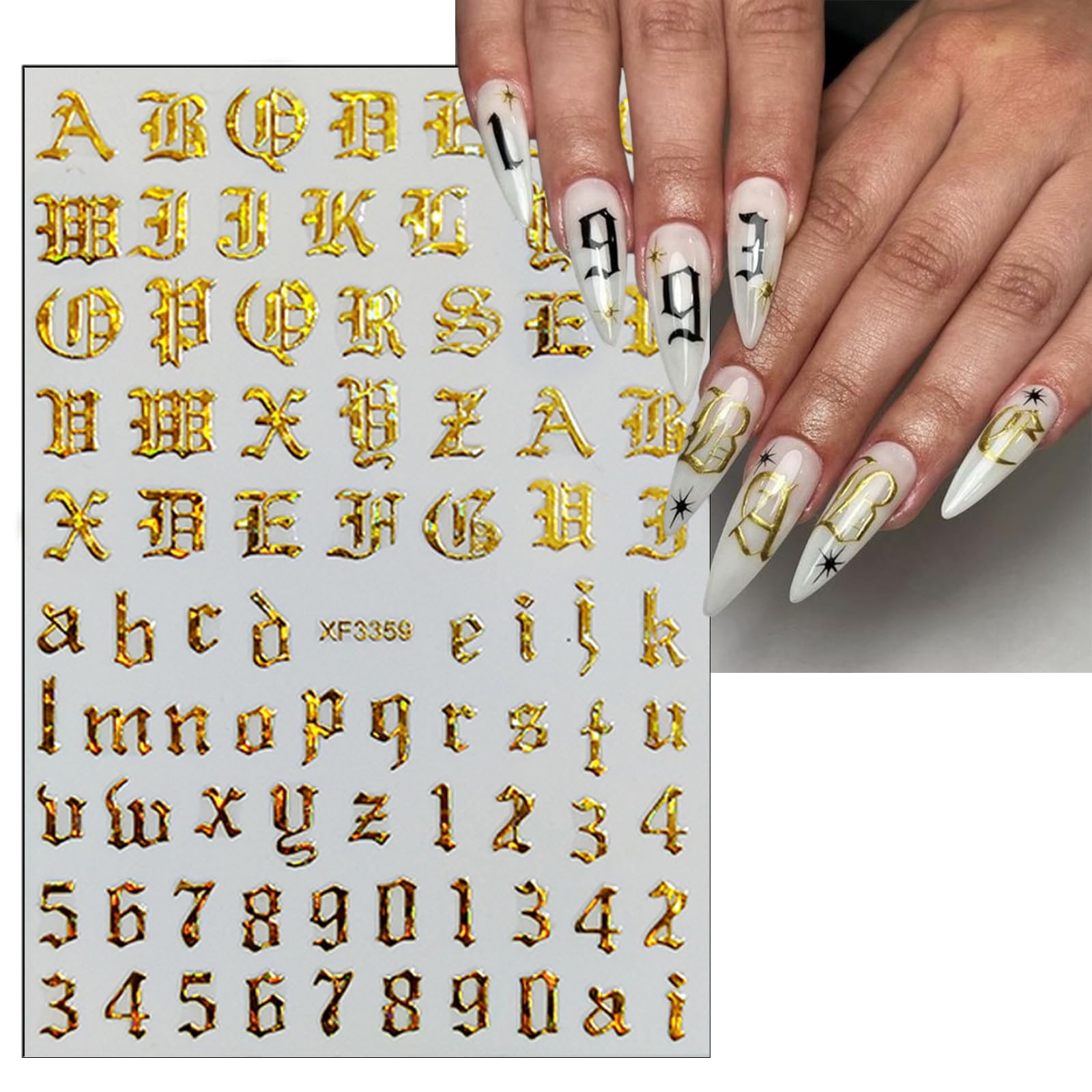 Holographic 3D Self-Adhesive Old English Alphabet Nail Art Decals - 8 Sheets with 8 Colors for Women & Girls DIY Manicure | Perfect for Parties, Weddings, and Special Occasions