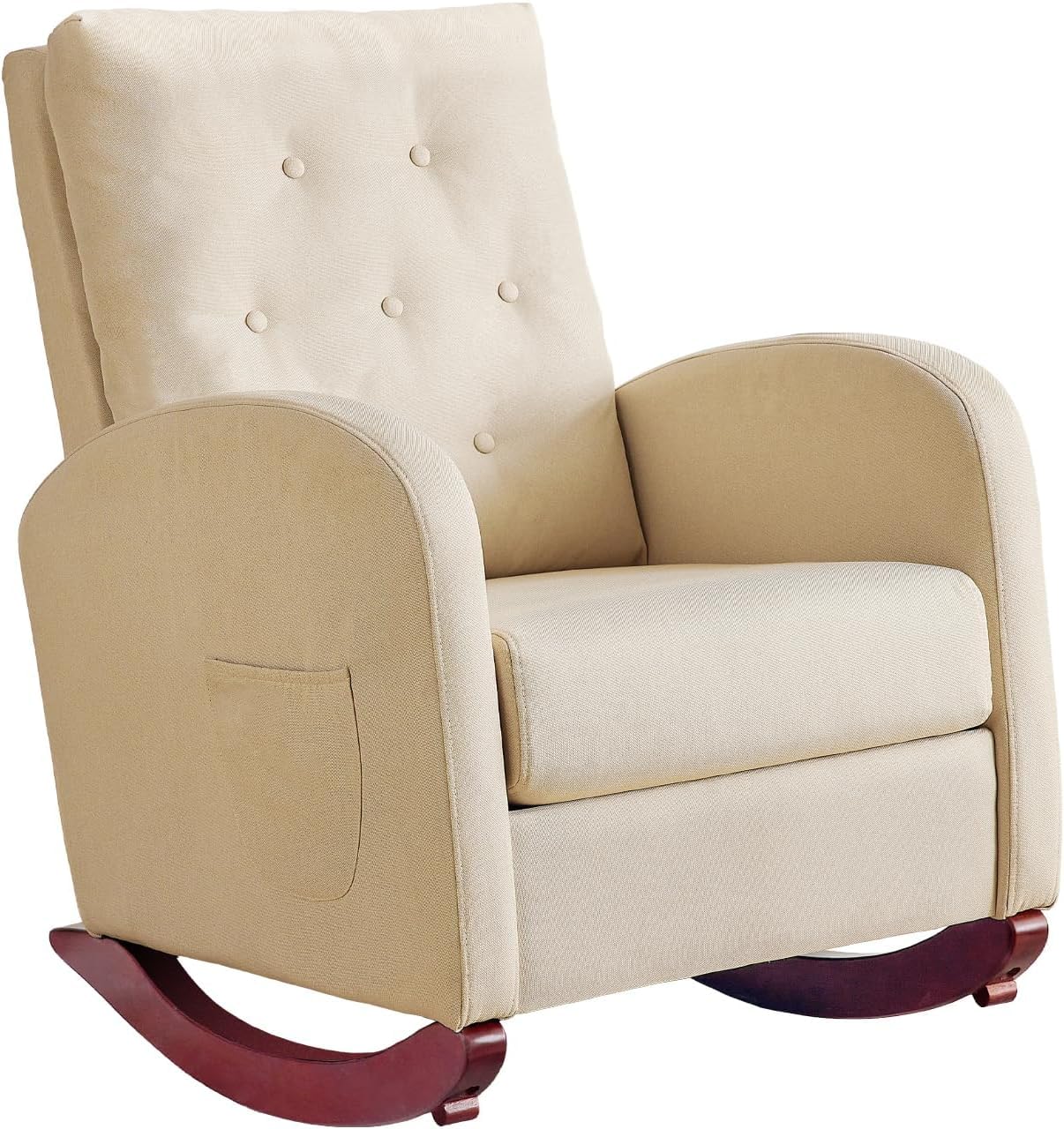 Redlife Nursery Rocking Chair - High Back Linen Upholstered Glider Rocker with Side Pocket for Living Room, Bedroom, Nursery - Comfortable Indoor Rocking Chair for Nursing, Reading & Relaxation (Beige)