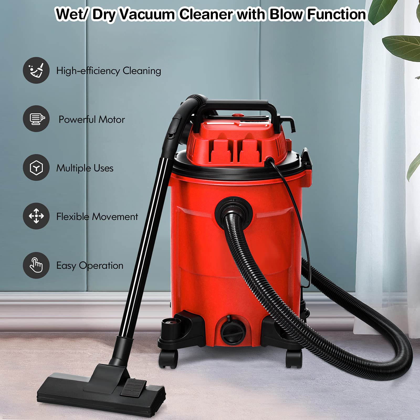 COSTWAY 3-in-1 Wet/Dry Vacuum Cleaner with Blower | 6.6 Gallon 4.8 HP Powerful Suction | Safety Protection & Portable Design | Ideal for Workshop, Car, Garage & Home Cleaning | 1200W Red Vacuum Cleaner for Heavy Duty Use