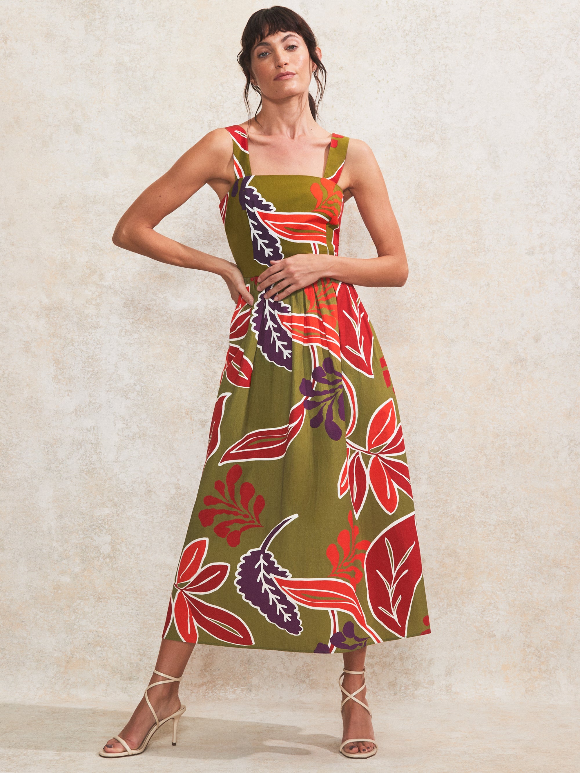 Olive Leaf Print Cotton Dress for Women - Flowy Summer Dress with Short Sleeves - Perfect for Beach Vacation, Garden Party & Casual Outings