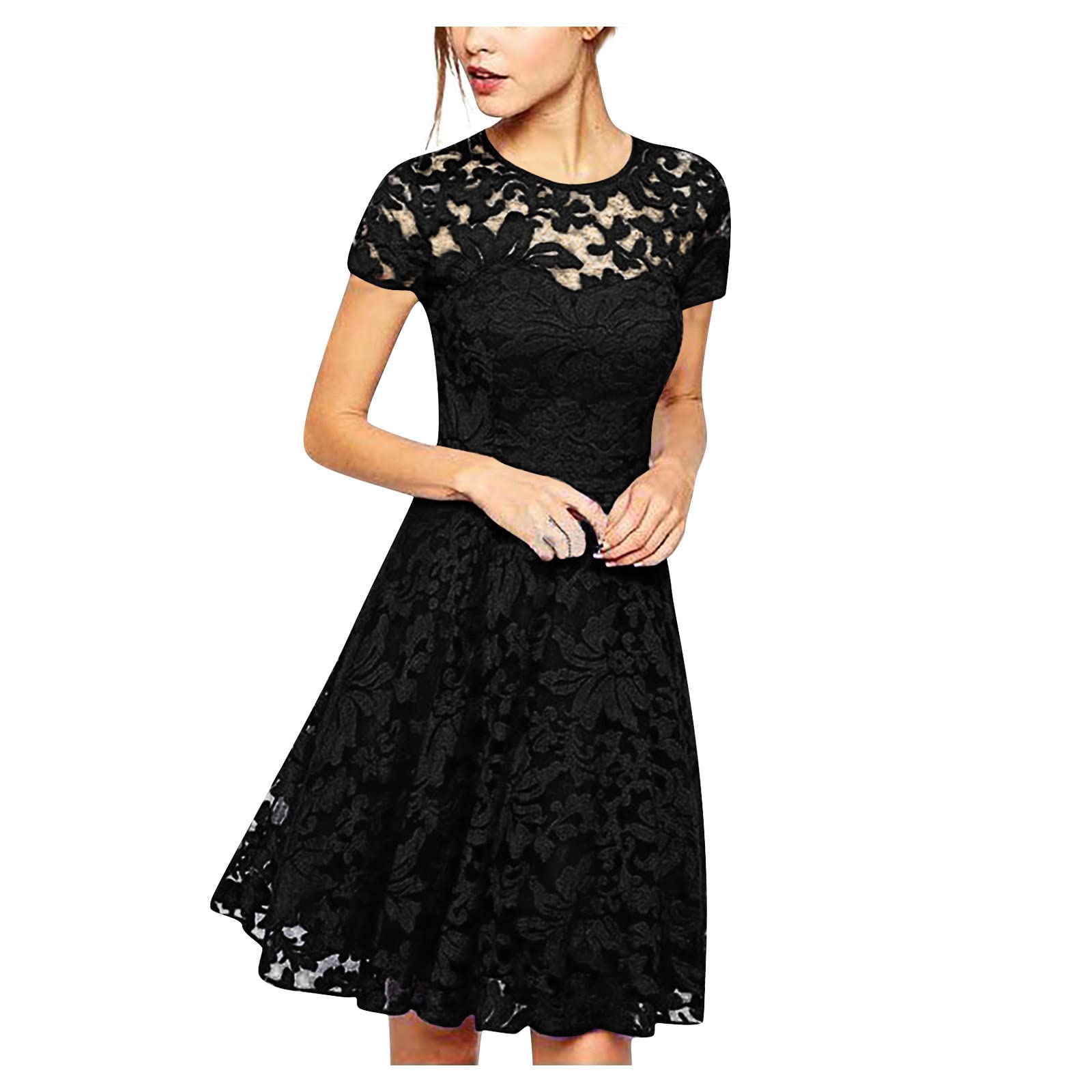 Fragarn Women's Hollow Lace Print Pleated Prom Dress 2022 - Elegant Wedding Guest & Cocktail Party Short Dress for Special Occasions