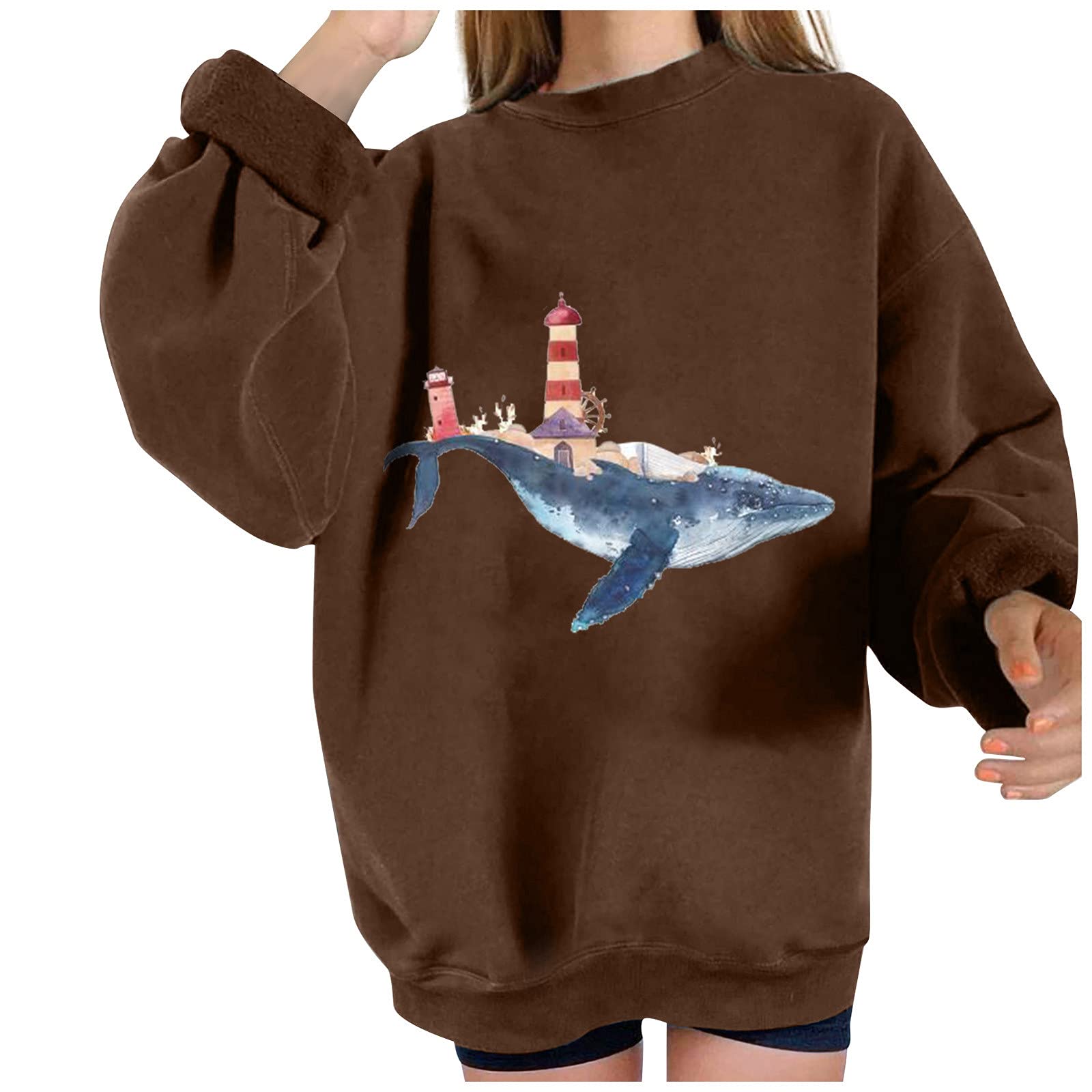 Women's Vintage Oversized Crewneck Sweatshirt - Fleece Lined Long Sleeve Cute Fall Winter Shirts for Casual Wear, Loungewear & Street Style Outfits