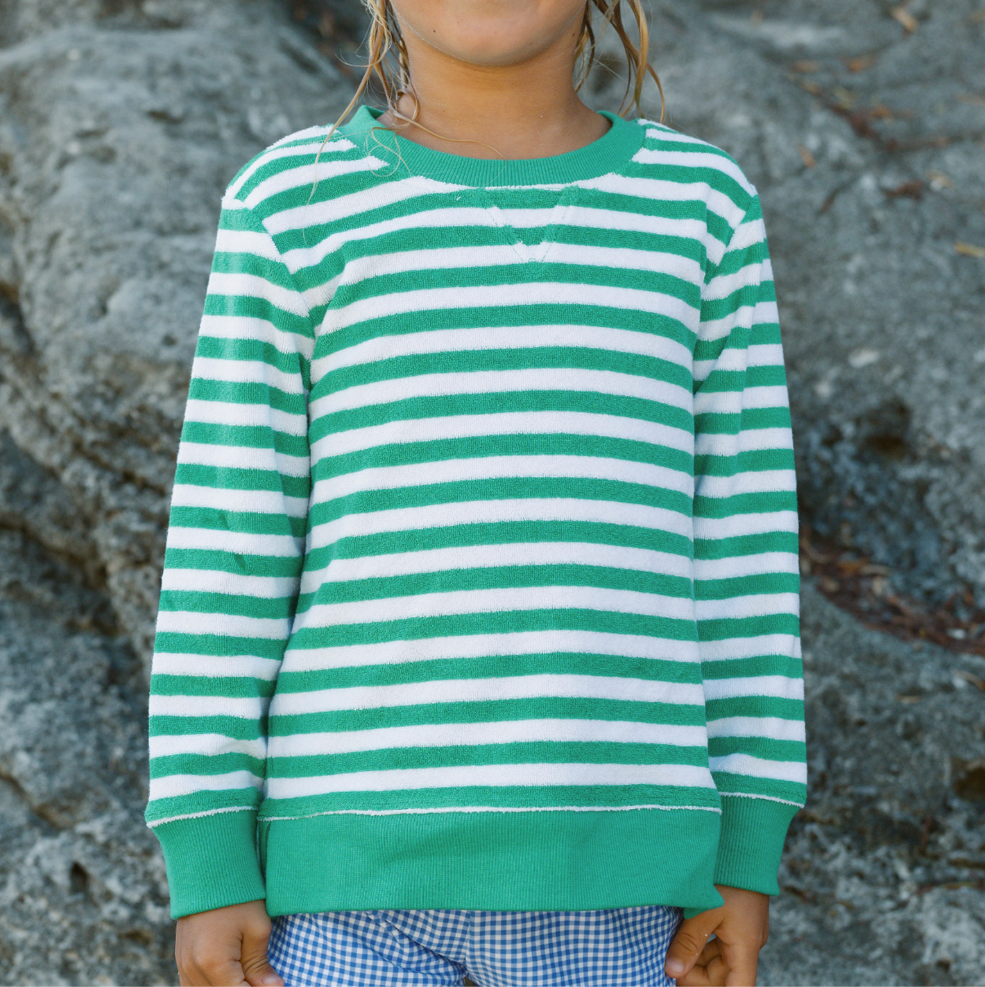 Unisex Bermuda Green Stripe French Terry Sweatshirt - Comfortable Casual Wear for Men & Women - Perfect for Lounging, Travel & Outdoor Activities