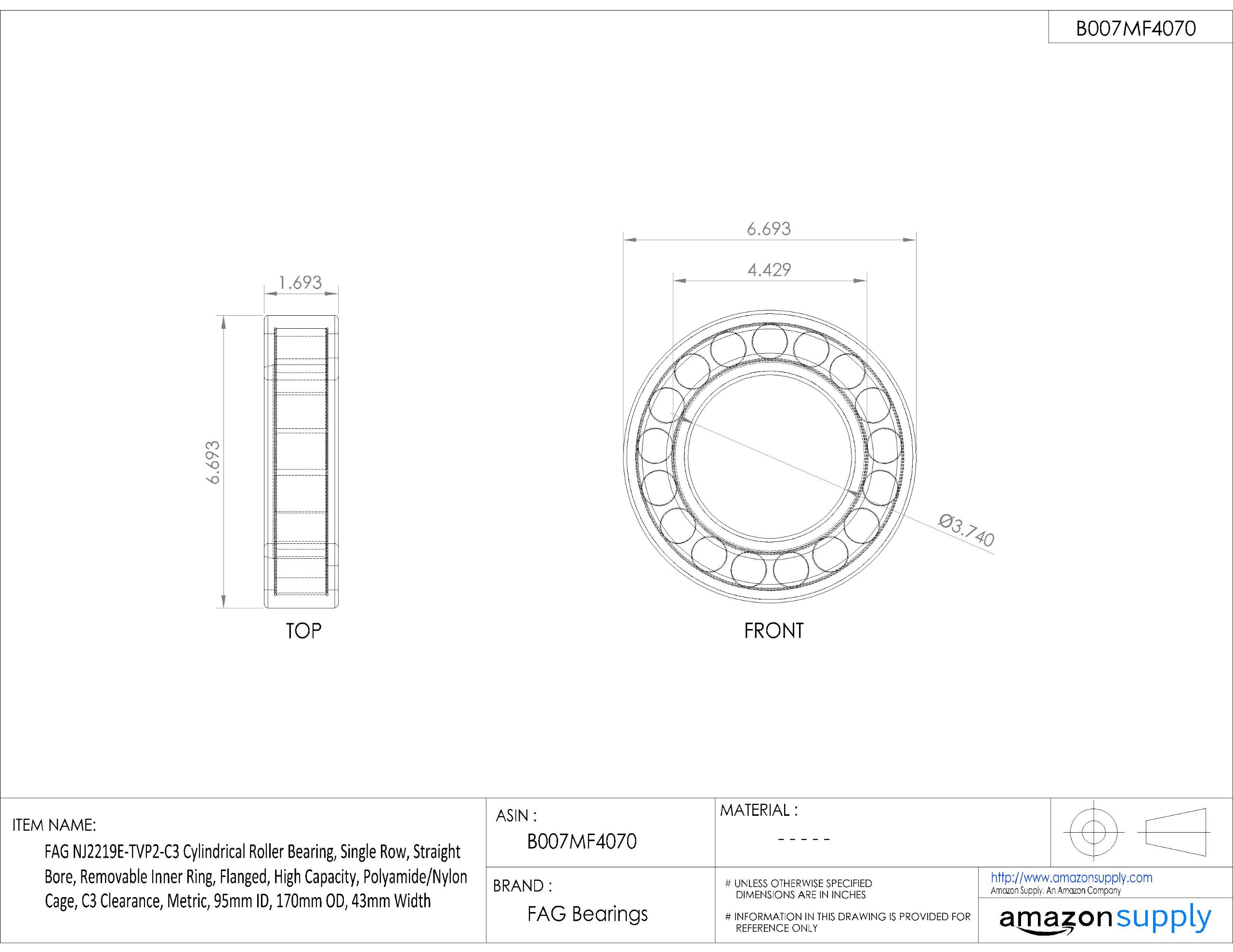 High Capacity NJ2219E-TVP2-C3 Single Row Cylindrical Roller Bearing - Straight Bore, Removable Inner Ring, Flanged, Polyamide/Nylon Cage, C3 Clearance (95mm ID x 170mm OD x 43mm Width) - Ideal for Heavy Machinery, Industrial Equipment & Power Transmission Systems