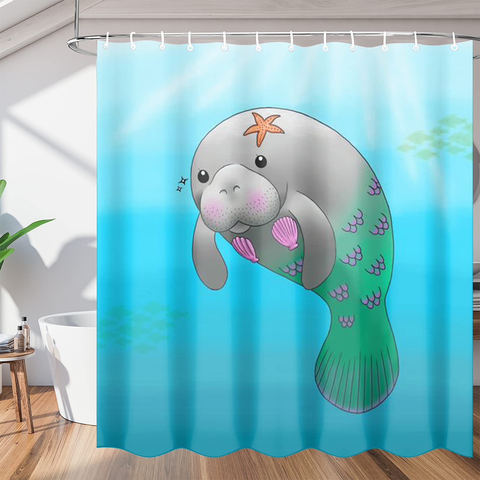 Ocean Animal Manatee Waterproof Shower Curtain Set - 72x72 Inch Polyester Bathroom Curtain with 12 Hooks for Bathtub, Stall & Home Decor | Perfect for Beach-Themed Bathrooms & Kids' Rooms
