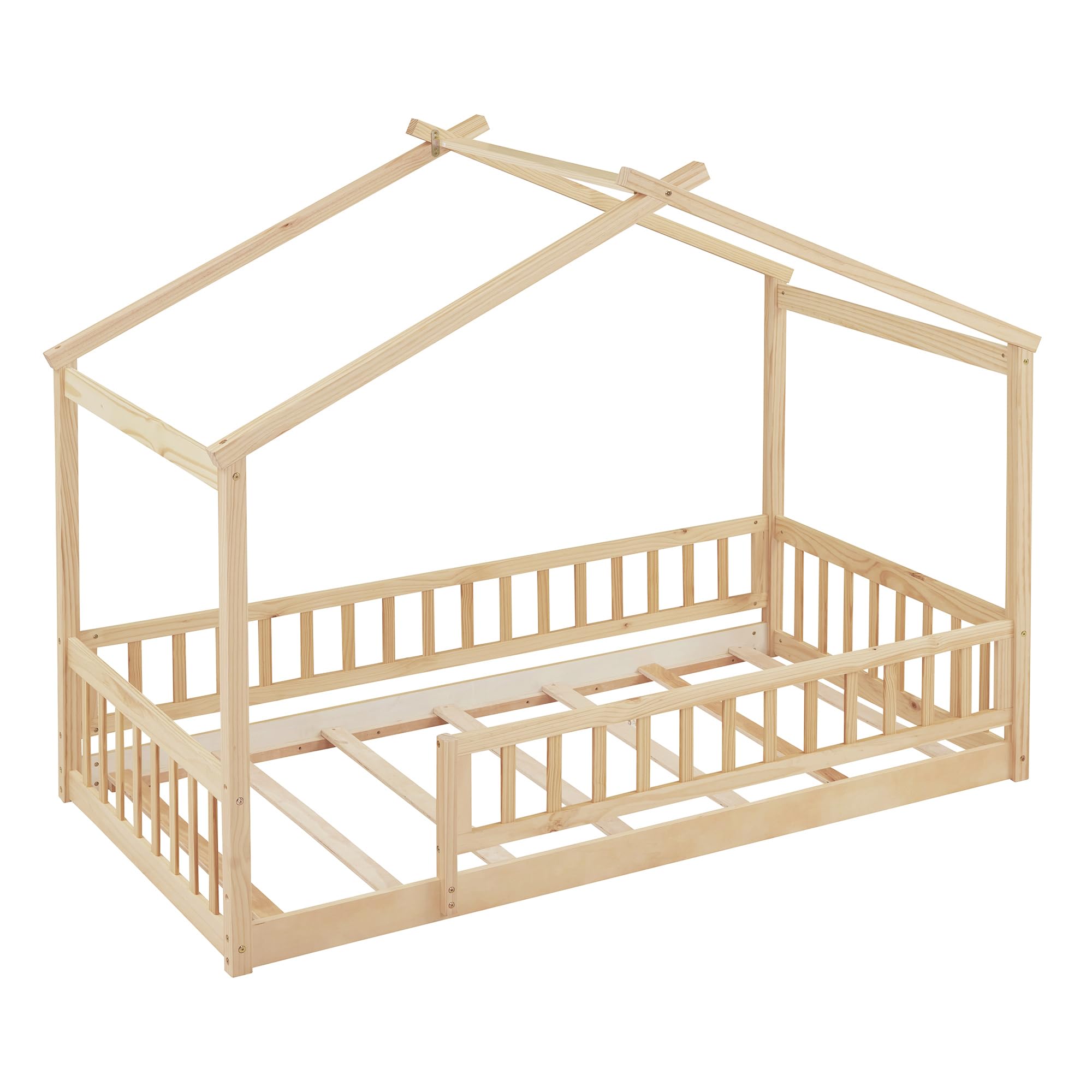 Montessori Twin Size Floor Bed for Kids - Wooden Bed Frame with Safety Fence Railing for Boys & Girls - No Box Spring Needed - Natural Finish - Perfect for Toddler Rooms & Montessori Classrooms