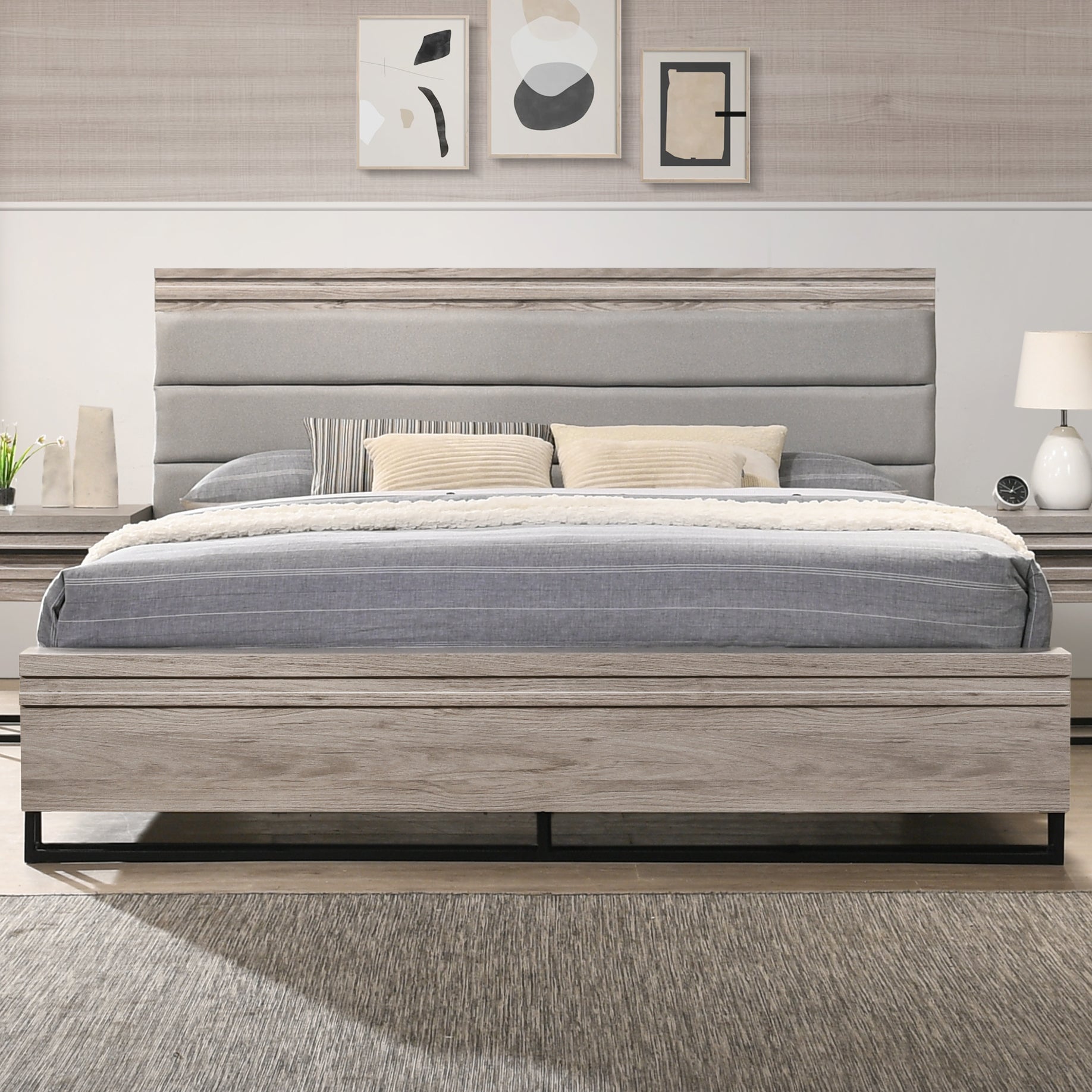 Alvear Upholstered Wood Panel Bed Frame - Queen Size Weathered Gray Finish for Modern Bedroom Decor | Perfect for Master Bedrooms, Guest Rooms & Cozy Home Retreats