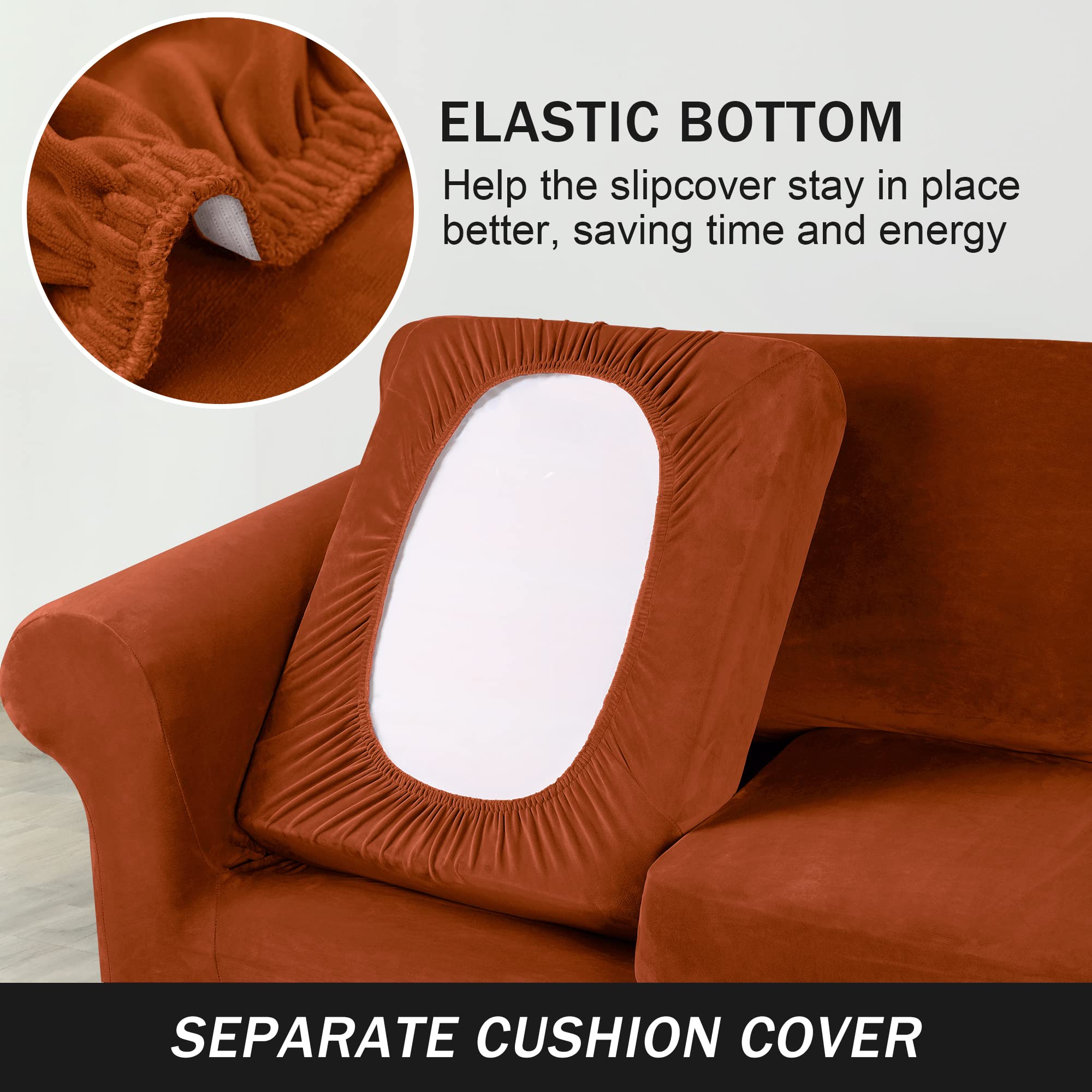 Stretch Velvet Sofa Slipcover - Ultra Soft Furniture Protector for Pets & Kids - Red Brown Large Couch Cover - Perfect for Living Room, Family Room & Pet-Friendly Homes