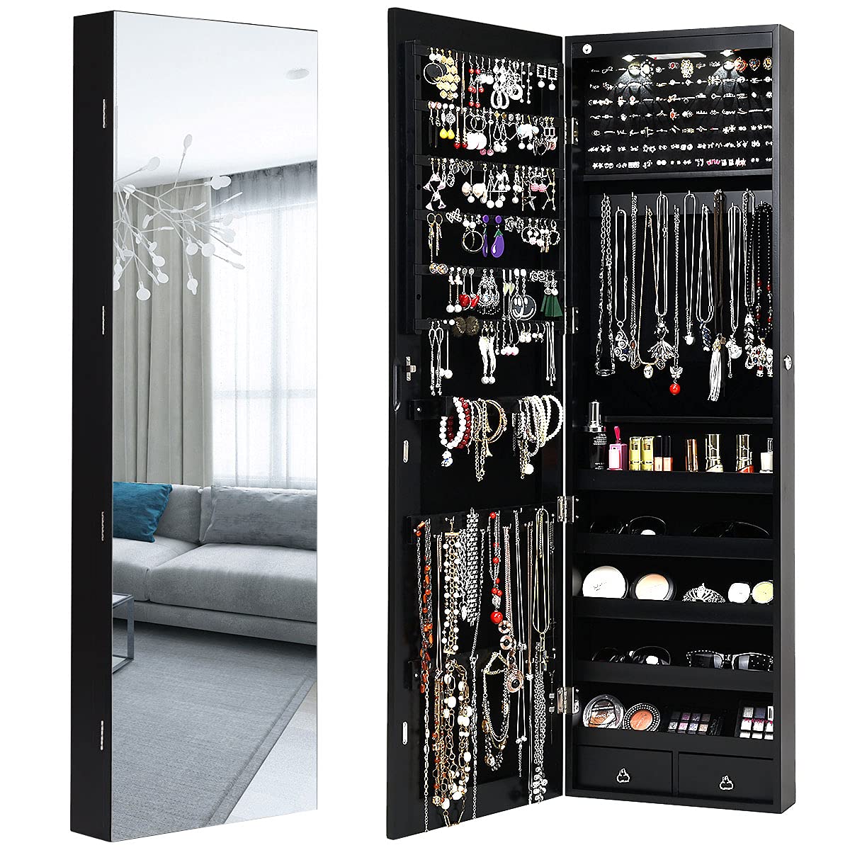 Jewelry Armoire Cabinet with Full-Length Mirror - 2 LED Lights, Lockable with 2 Keys, Makeup Pouch & Bracelet Organizer, 2 Drawers, Wall or Door Mount - Elegant Black Jewelry Storage for Bedroom, Closet & Dressing Room