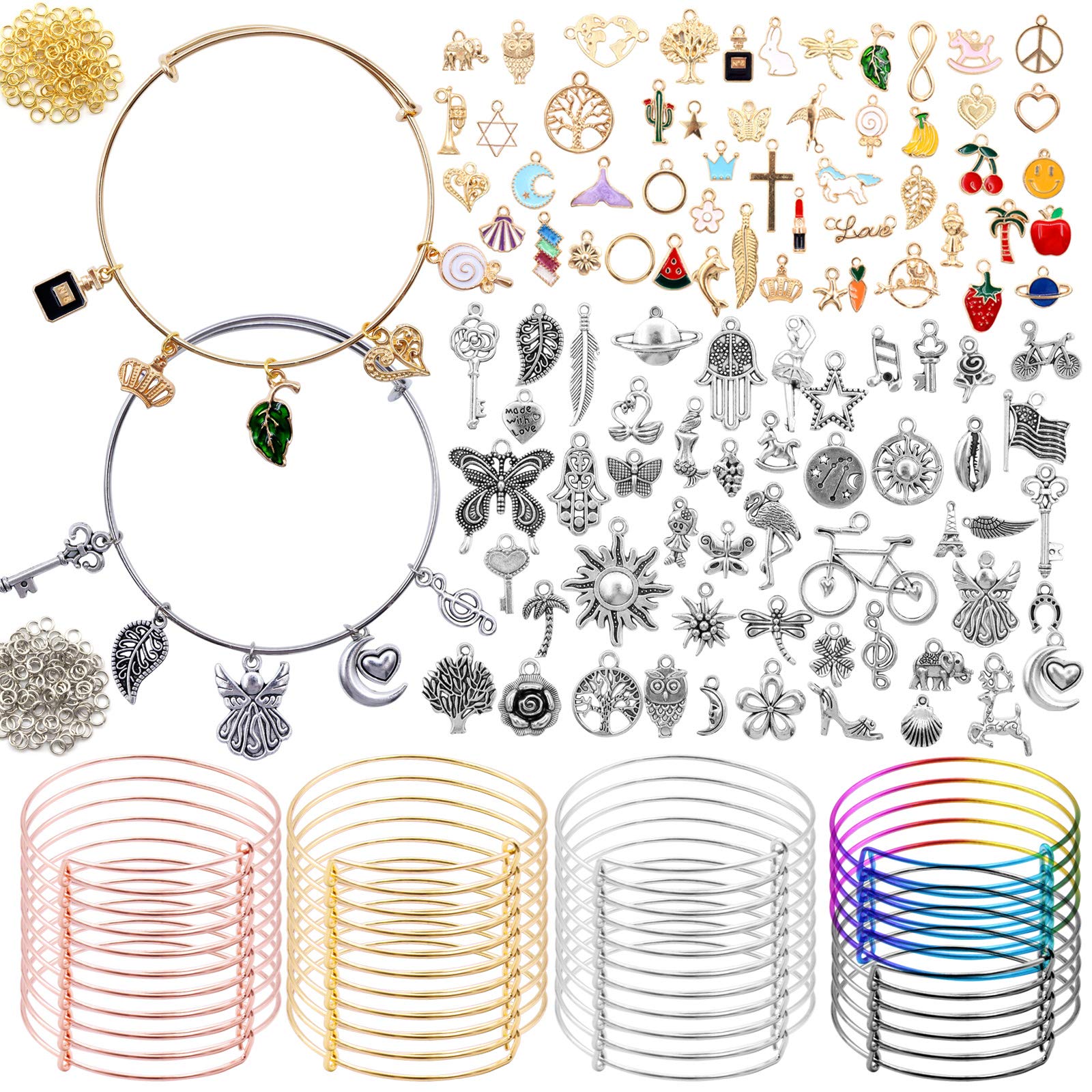 POPMISOLER 340-Piece DIY Charm Bracelet Making Kit - 40 Adjustable Wire Bracelets, 100 Charms, 200 Jump Rings - Jewelry Craft Supplies for Teens & Adults - Perfect for Gifts, Parties, and Creative Projects