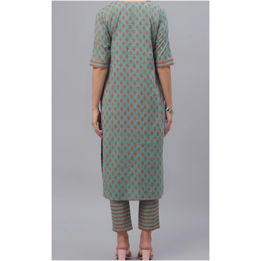Bottle Green Cotton Kurta Set with Pink Floral Print & Matching Trousers | Traditional Indian Ethnic Wear for Women | Perfect for Festivals, Weddings & Casual Outings