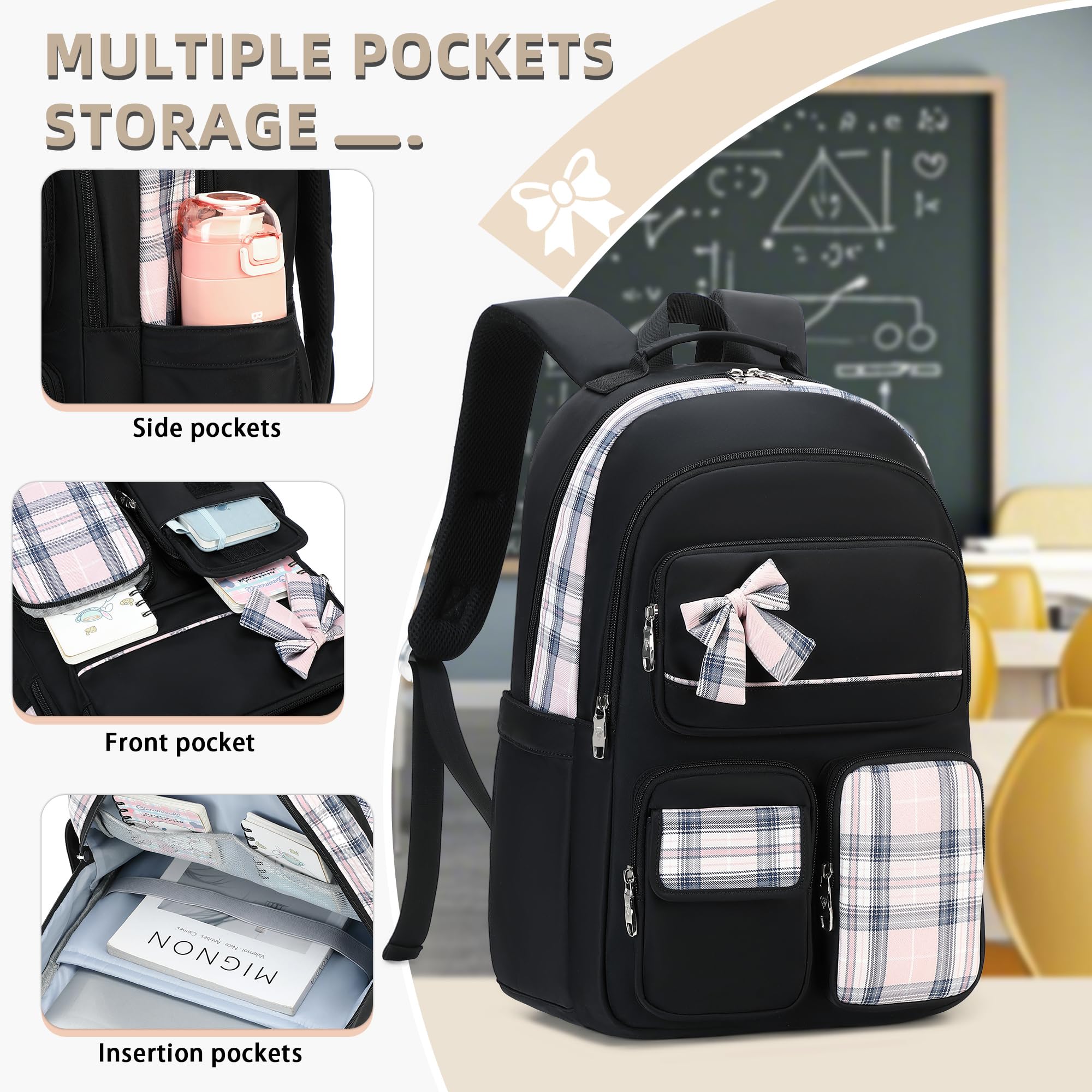 Cute Girls Backpack for School, College & Travel - 15.6 Inch Laptop Bookbag for Teen Women & Kids - Large Durable Daypack for Kindergarten, Elementary Students - Perfect for Daily Use, Commuting & Outdoor Adventures (Black)