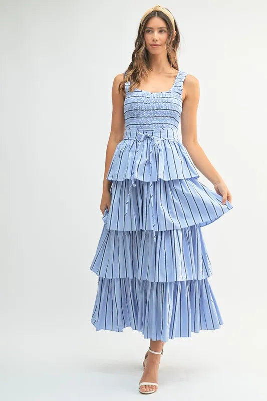 Spring Pin Stripe Layered Midi Summer Dress for Women - Floral Print Casual Sundress for Beach, Vacation & Outdoor Parties