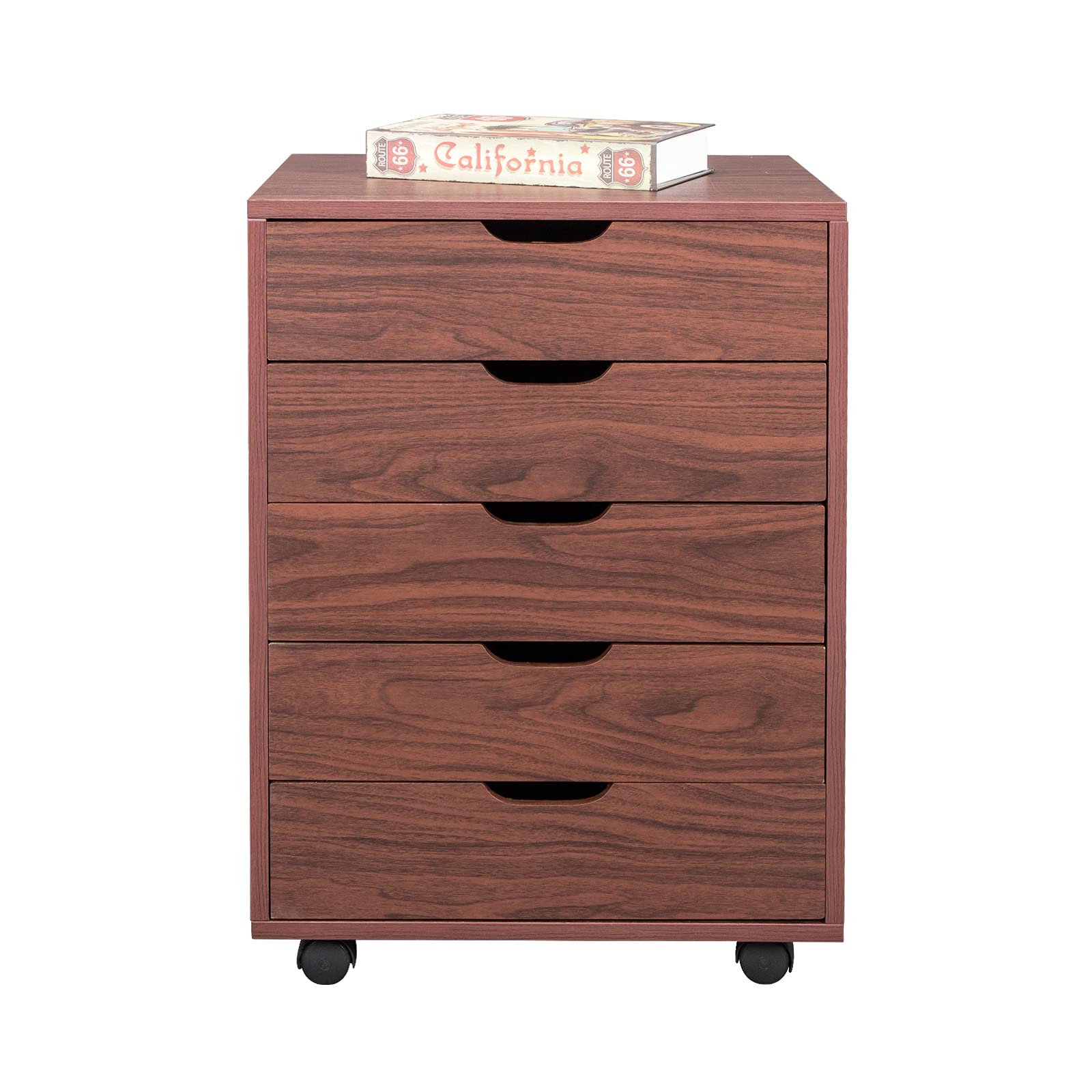 Goujxcy 5-Drawer Rolling Wooden File Cabinet - Dark Walnut Mobile Storage Organizer with Wheels for Home Office, Bedroom & Makeup Vanity | Compact Dresser for Files, Office Supplies & Beauty Products
