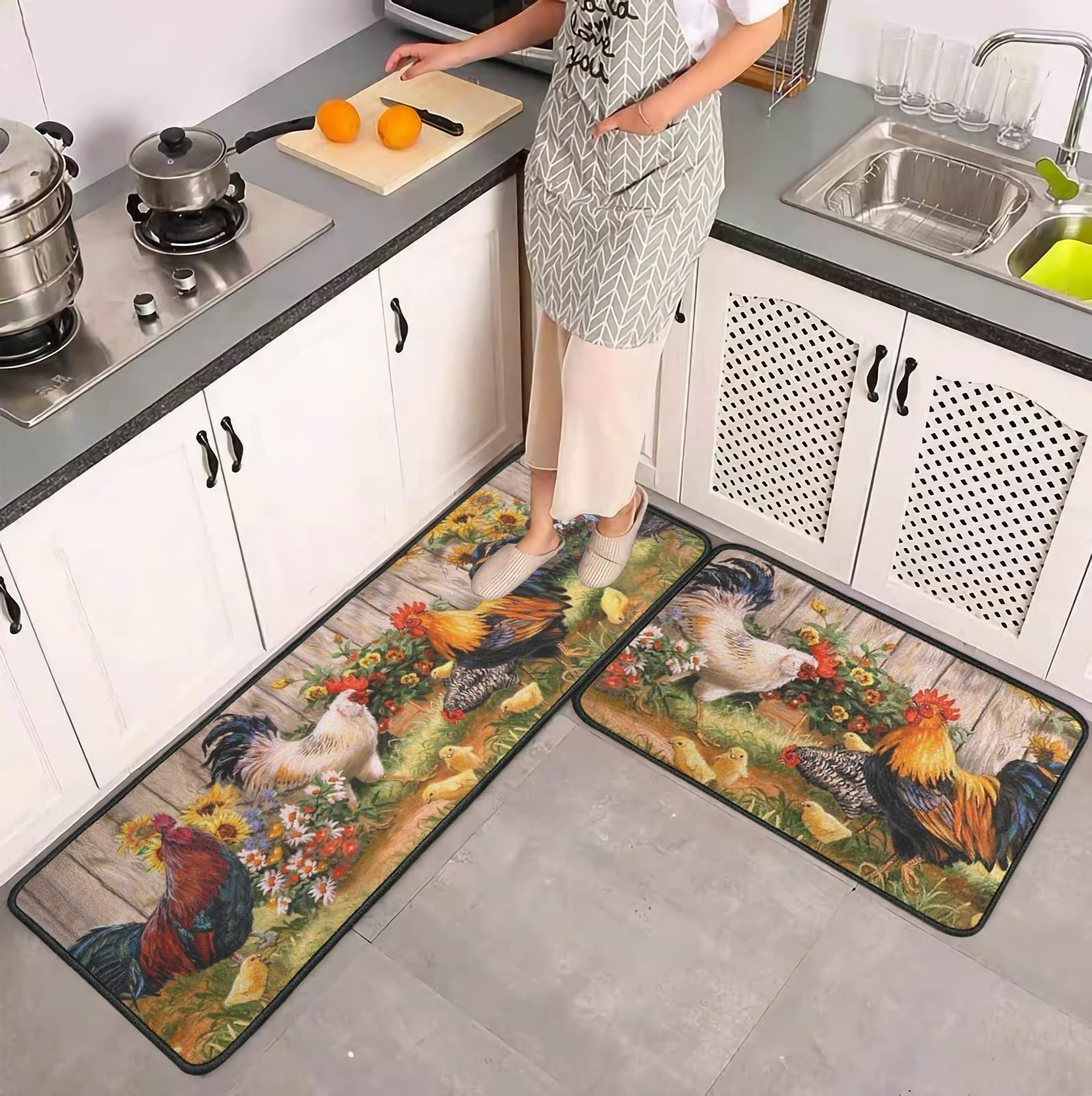 Rooster Theme Kitchen Rug 2-Piece Set - Farmhouse Decor Non-Slip Washable Floor Mats with Chicken & Sunflower Design (17