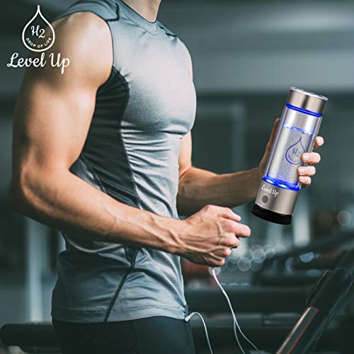 LevelUpWay 2025 Hydrogen Water Bottle Generator - SPE PEM Ionic Membrane Technology - High Borosilicate Glass - 13oz (Crystal Silver) - Portable Hydrogen Water Maker for Home, Office & Travel Hydration
