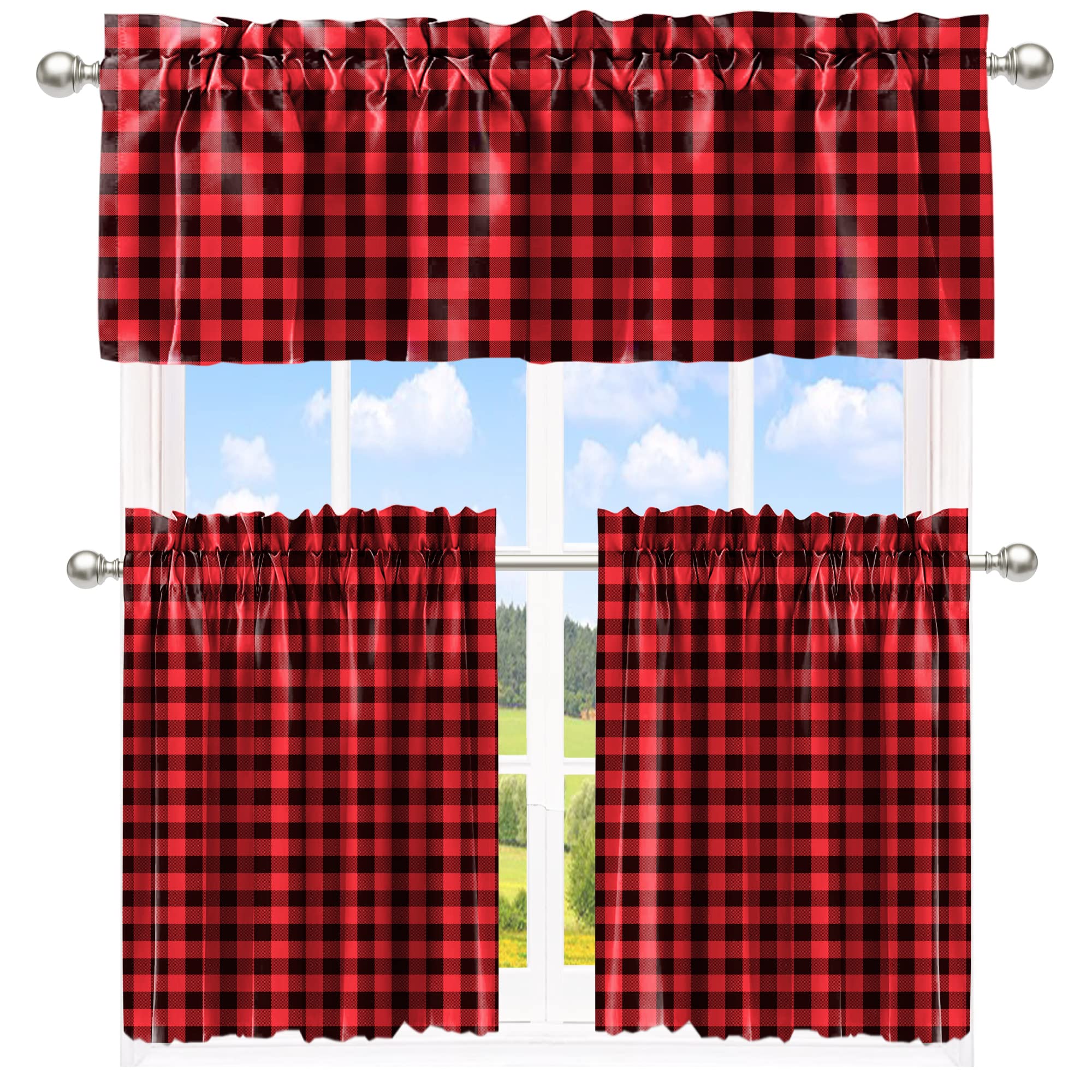 Black and Red Buffalo Check Window Curtain Set with Tiers & Valances - Farmhouse Kitchen Rod Pocket Window Treatments for Rustic Home Decor | Perfect for Country Style Kitchens, Dining Rooms & Cozy Farmhouse Interiors