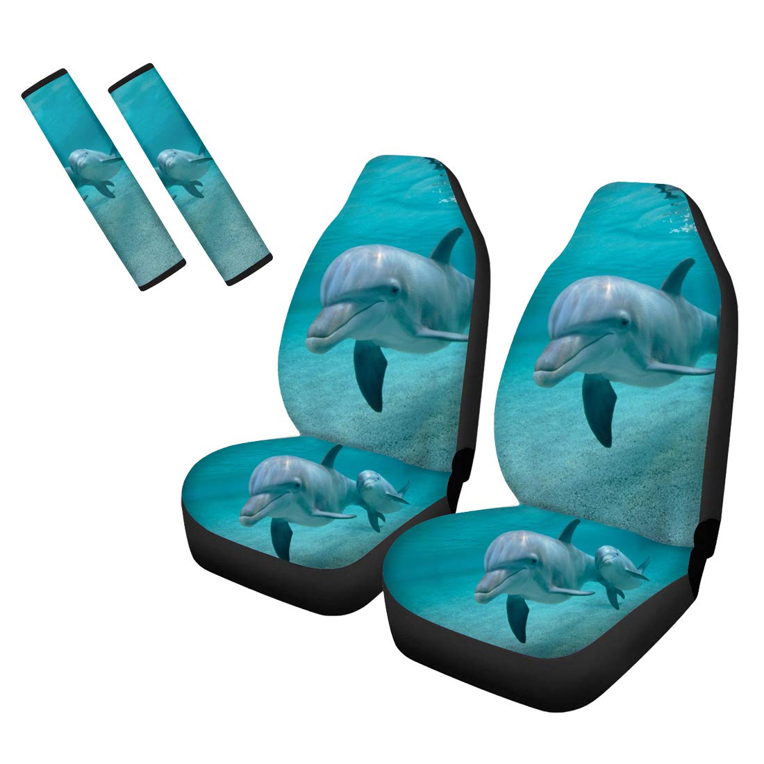 Showudesigns Universal Full Set Car Seat Covers for Women - Soft Bucket Seat Protectors with Dolphin Design & Matching Seat Belt Pads - Interior Car Accessories for Comfort & Style (Perfect for Daily Commute, Road Trips & Gift Giving)
