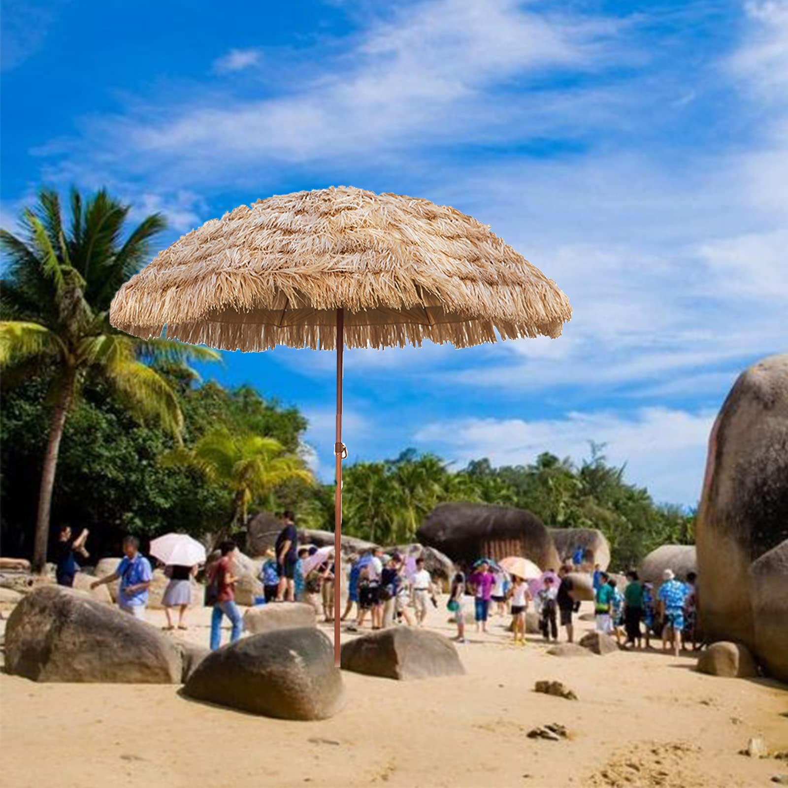 7.8ft Hawaiian Tiki Beach Umbrella - Adjustable Tilt Thatched Parasol for Outdoor Patio, Poolside & Tropical Decor | Perfect for Backyard, Beach Bar & Luau Parties