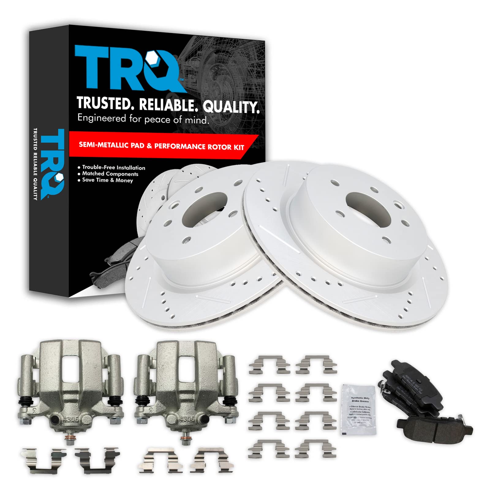 TRQ Premium Rear Performance Brake Pad & Rotor Kit - Semi-Metallic Vented G-Coated Brake Caliper Set - Compatible with 2005 INFINITI G35 - Perfect for High-Performance Driving & Daily Commutes