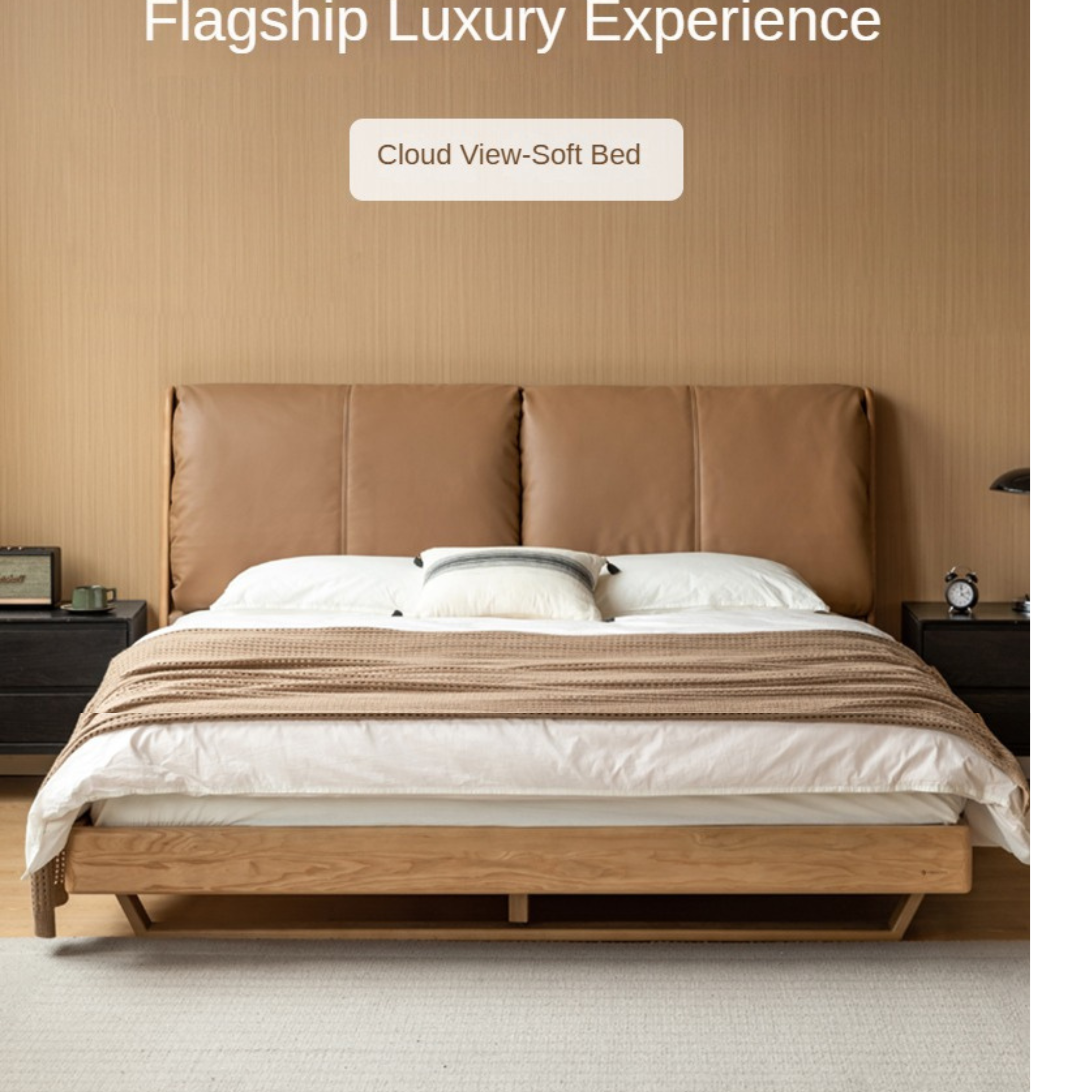 Italian Light Luxury Oak & Ash Solid Wood Leather Upholstered Suspended Bed - Elegant Master Bedroom Furniture for Modern Home Decor