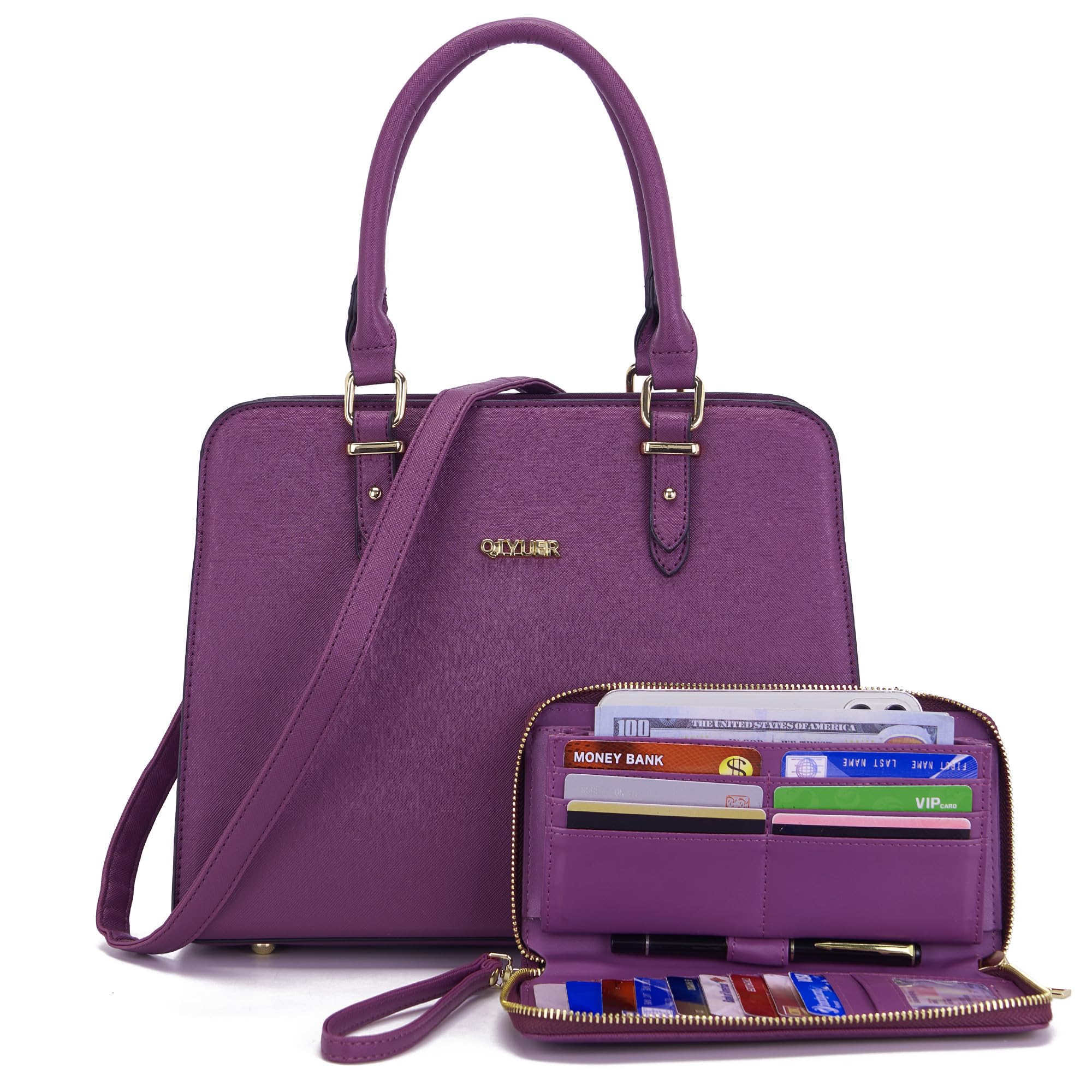 Qiyuer Women's Leather Satchel Purse with Top Handle - 2-Piece Tote Bag & Wallet Set for Work, Office, and Daily Use | Stylish and Functional Handbag Combo