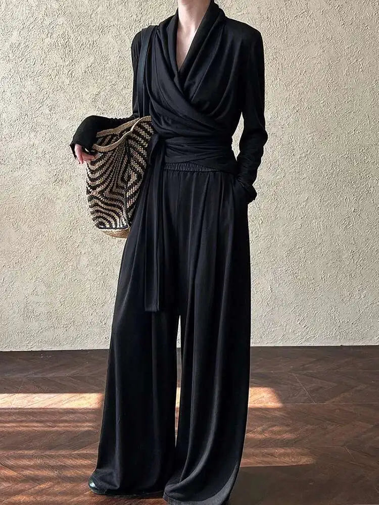 Elegant Women's Bandage T-Shirt & Wide Leg Pants Two-Piece Suit - V-Neck Long Sleeve Fashion Set for Spring/Autumn 2025 | Office Wear, Casual Outfits & Special Occasions