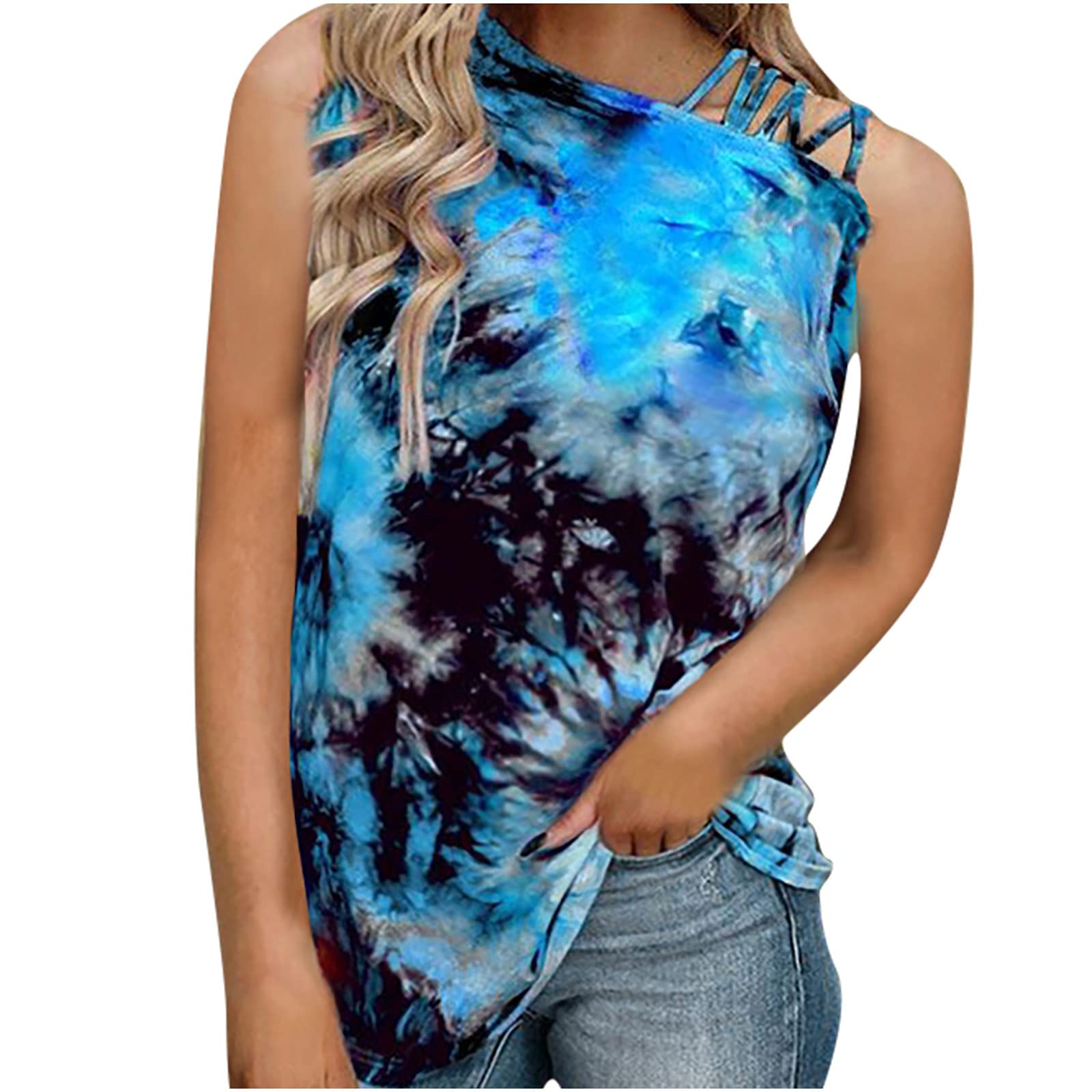 SHOPESSA Women's Strappy Shoulder Tie Dye Tank Tops - Summer Sleeveless Casual Shirts & Blouses for Beach, Yoga, and Everyday Wear