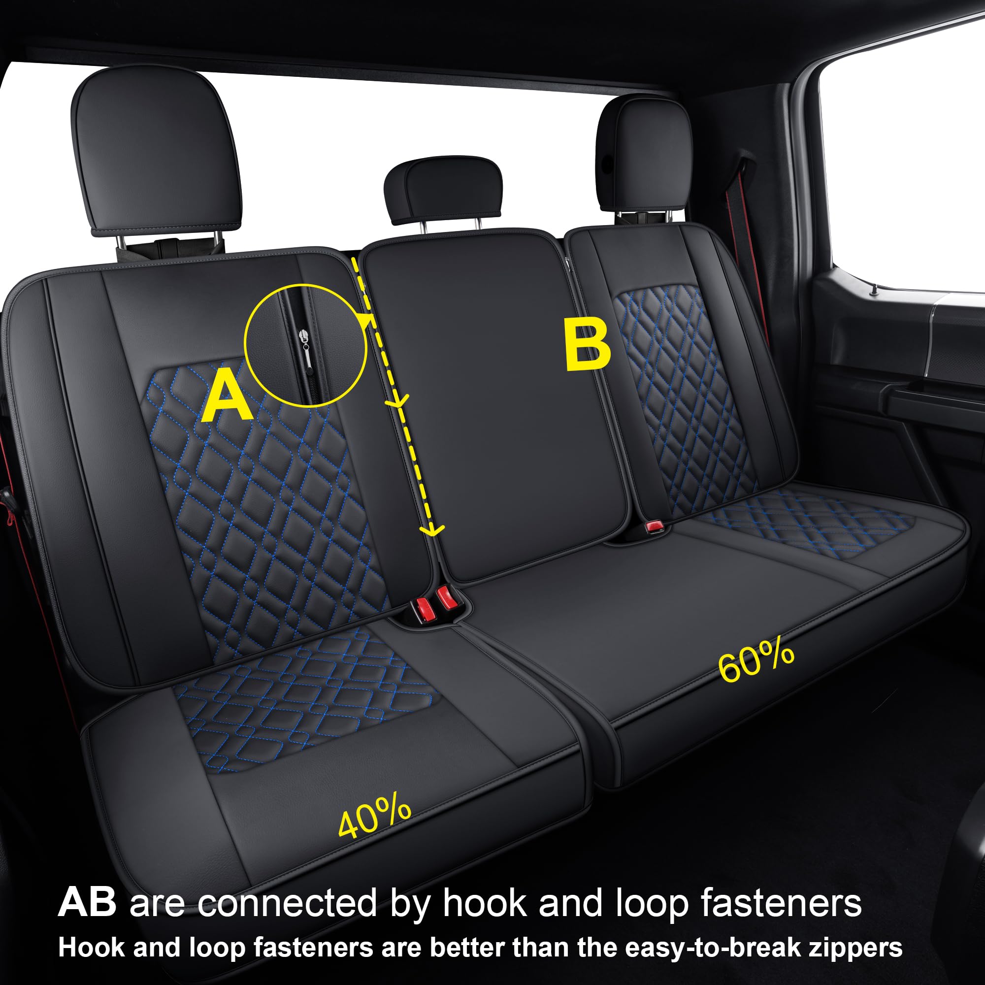 LUCKYMAN CLUB Premium Waterproof Faux Leather Seat Covers for Ford F150 (2015-2024) & F250/F350/F450 (2017-2024) - Full Set Black-Blue Design - Durable Protection for Trucks, Off-Roading & Daily Commute