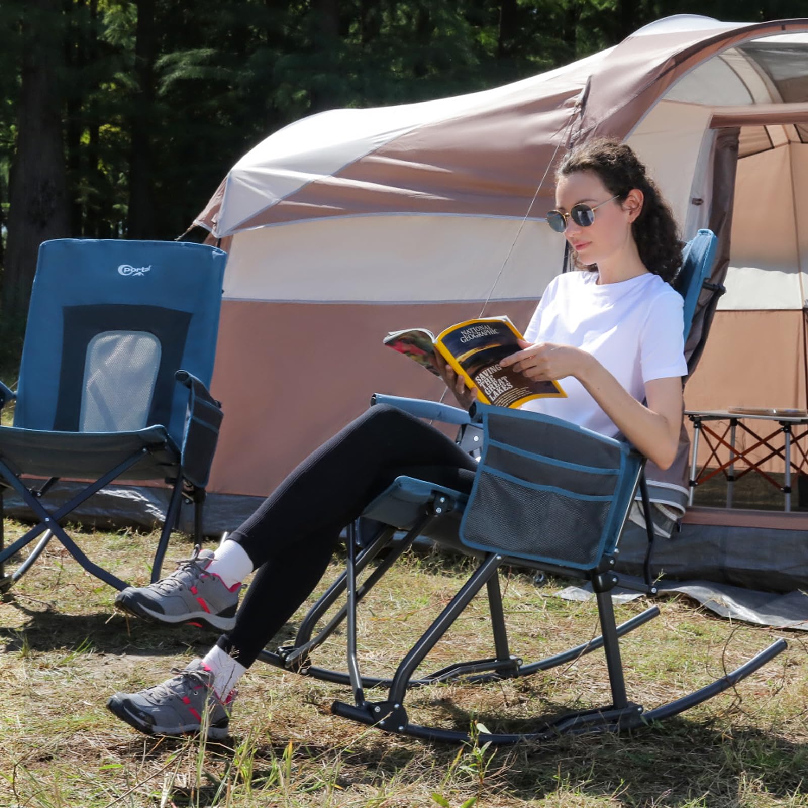 PORTAL Oversized Folding Rocking Camping Chair - Heavy Duty 400 lbs Capacity Portable Outdoor Rocker with High Back Support, Hard Armrests & Carry Bag - Perfect for Backyard, Beach, Picnics & Camping Trips