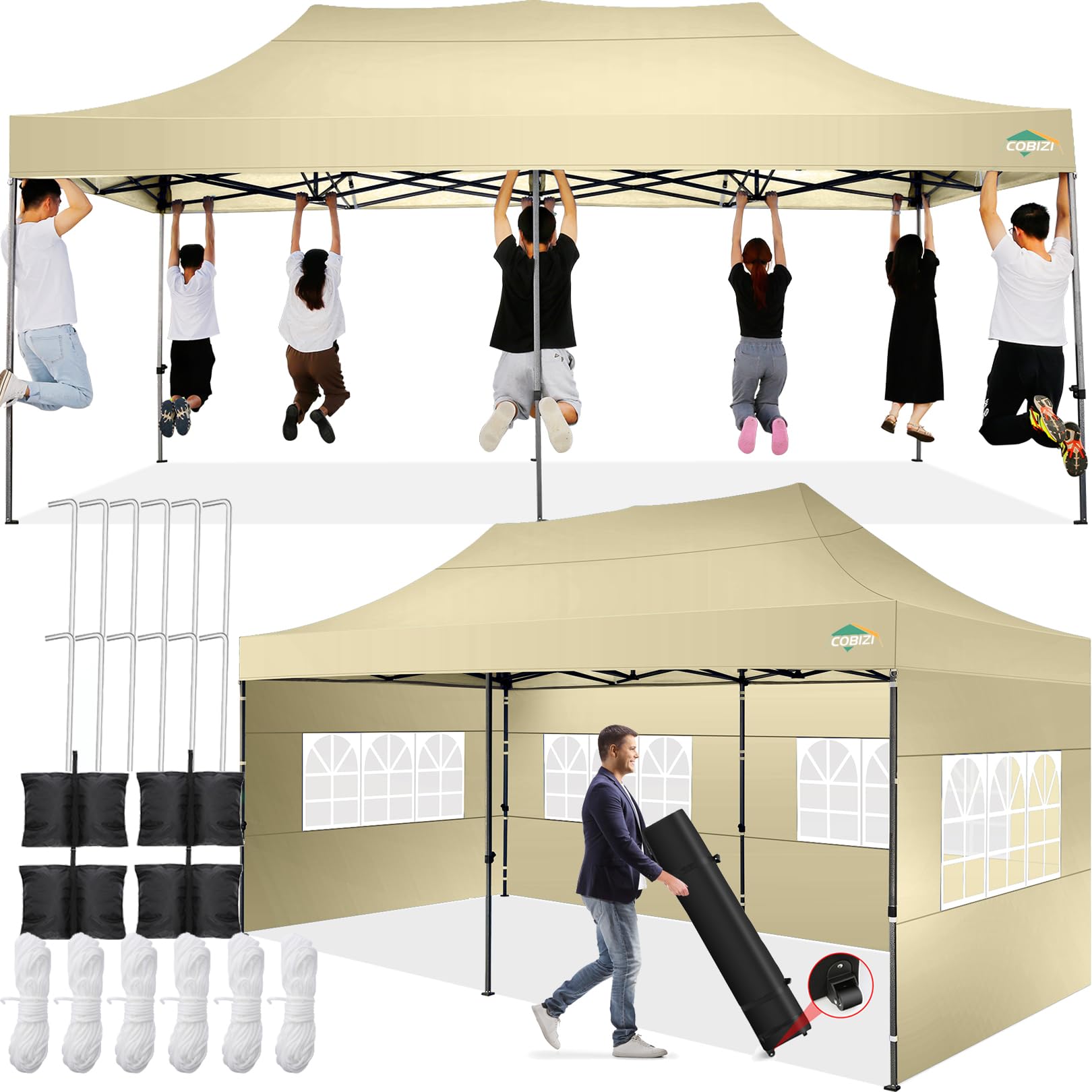 COBIZI 10x20ft Heavy Duty Commercial Pop Up Canopy Tent with 6 Waterproof Sidewalls - Portable Outdoor Gazebo for Parties, Events & Markets - Includes Wheeled Carry Bag (Khaki)