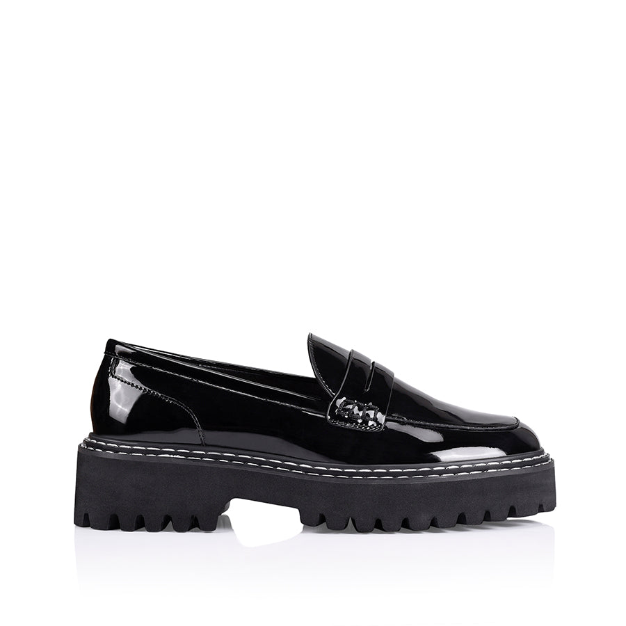 Black Patent Neo Chunky Loafers for Women - Fashionable Slip-On Shoes for Work, Office & Casual Outfits