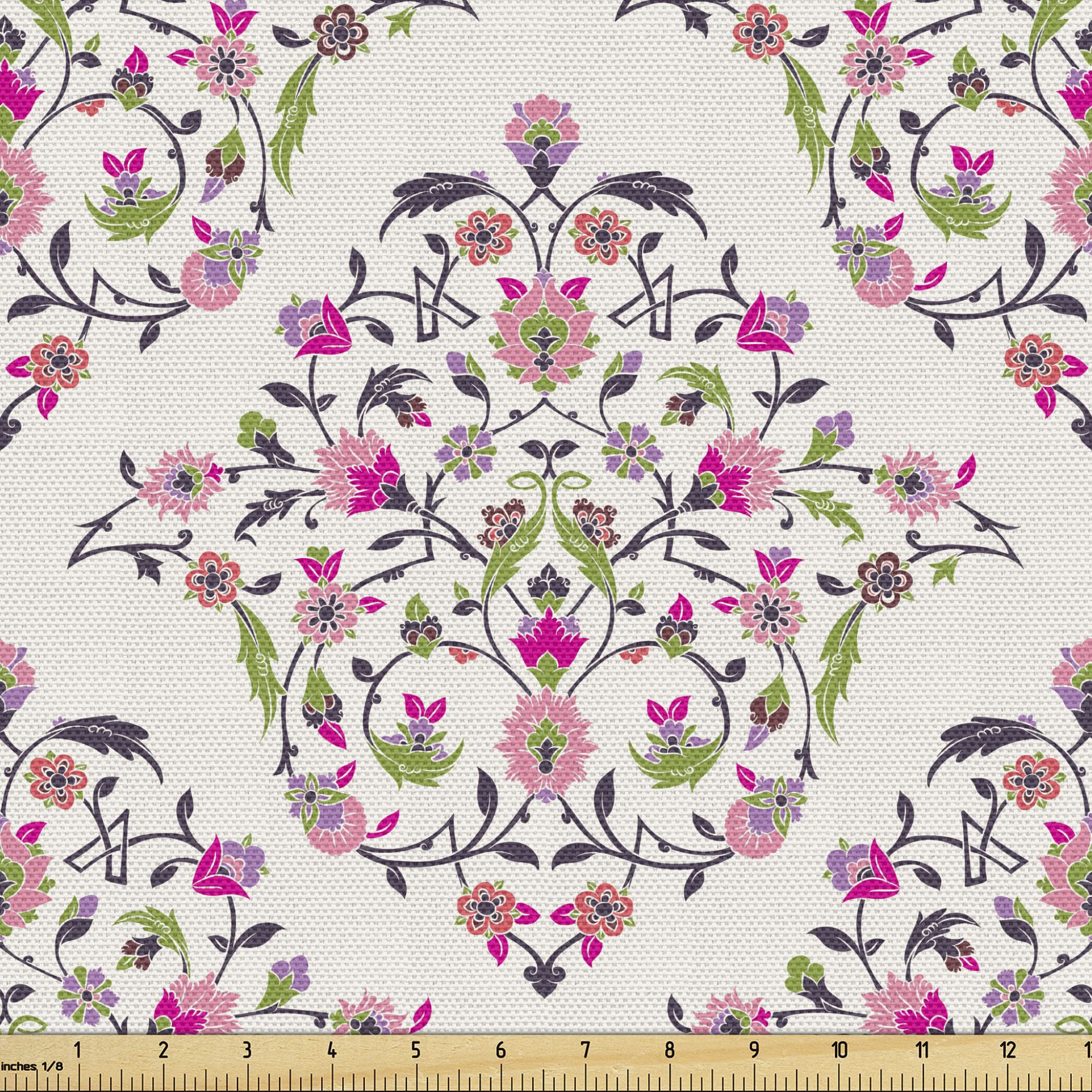 Ambesonne Floral Fabric by The Yard - Classic Damask Spring Flowers Design with Branches & Leaves, Vintage Romance Nostalgic Pattern for Upholstery, Curtains, Pillows & Home Decor (10 Yards, Pearl/Multicolor) - Perfect for Living Room, Bedroom & DIY Craft Projects