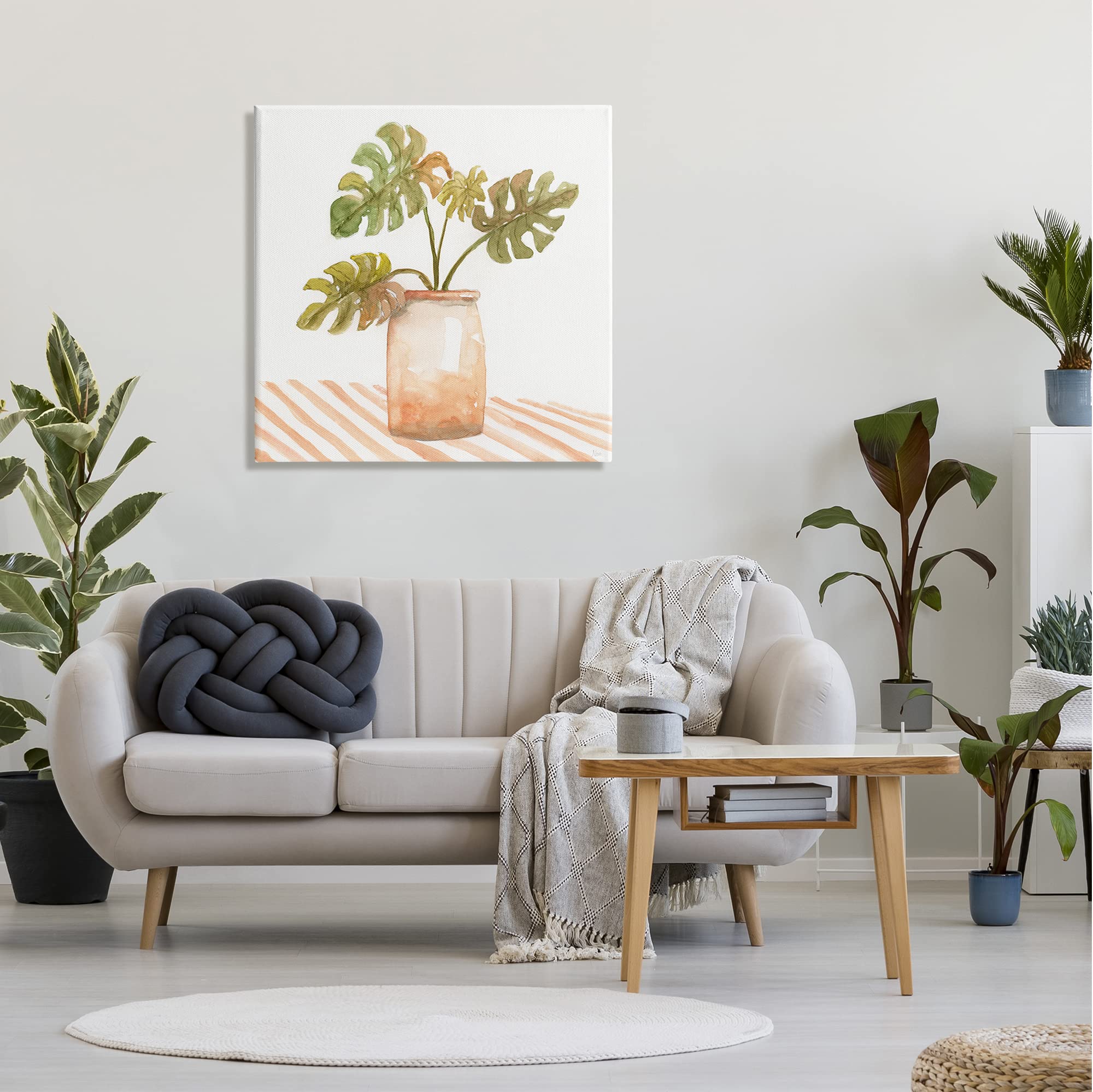 Stupell Industries Monstera Plant Ceramic Glazed Pot with Striped Pattern - Modern Tabletop Planter for Home & Office Decor - Perfect for Indoor Plants, Succulents, and Small Flowers