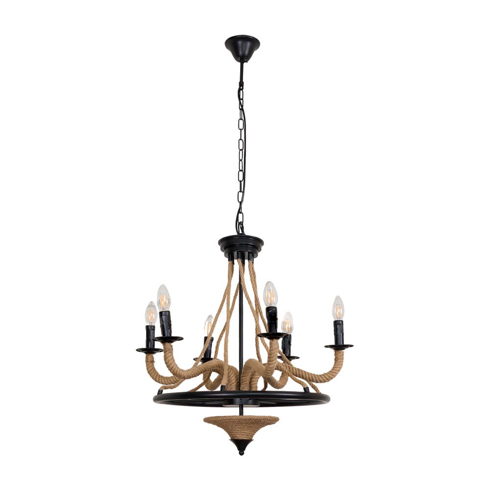 Industrial Hemp Rope Large Wheel Chandelier - Rustic Farmhouse Ceiling Light Fixture for Dining Room, Living Room or Bedroom Decor
