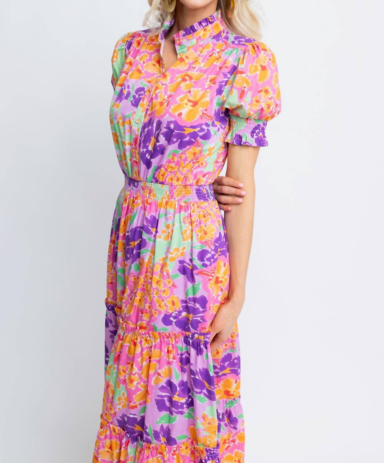 Floral Smock Waist Tier Maxi Dress for Women - Orange Garden Party Dress | Perfect for Summer Weddings, Beach Vacations & Outdoor Events
