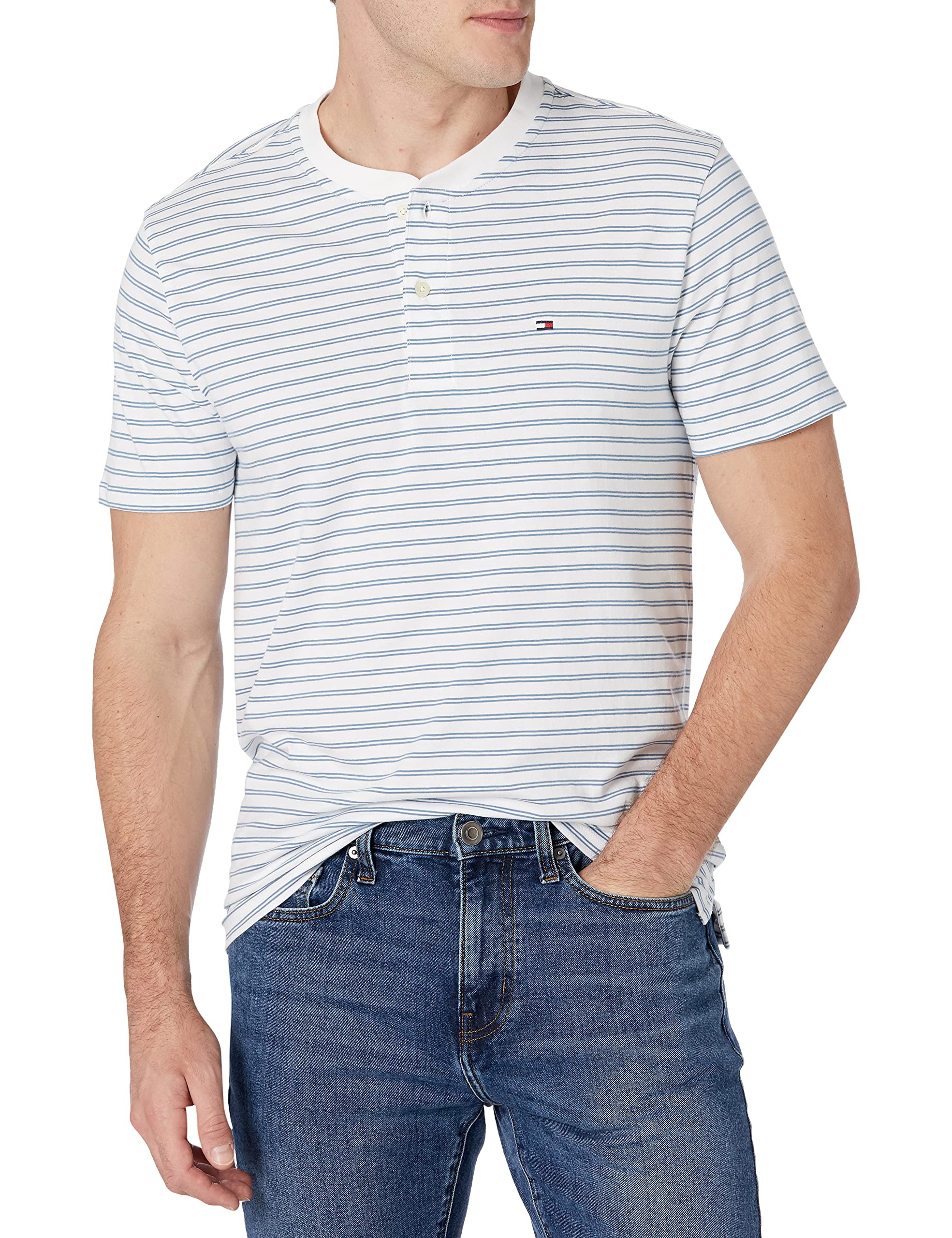 Tommy Hilfiger Men's Custom Fit Short Sleeve Henley Shirt - Casual Button-Up Top for Summer, Beach & Everyday Wear