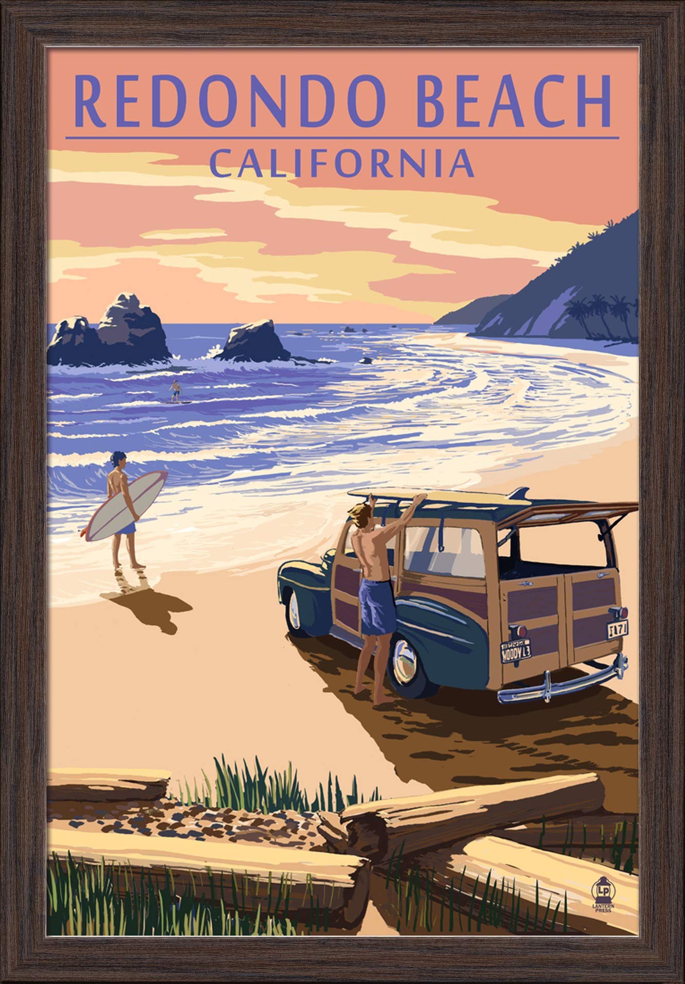 Redondo Beach California Art Print - 16x24 Giclee Fine Art on Recycled Wood Frame in Espresso Brown - Coastal Wall Decor for Living Room, Bedroom or Office