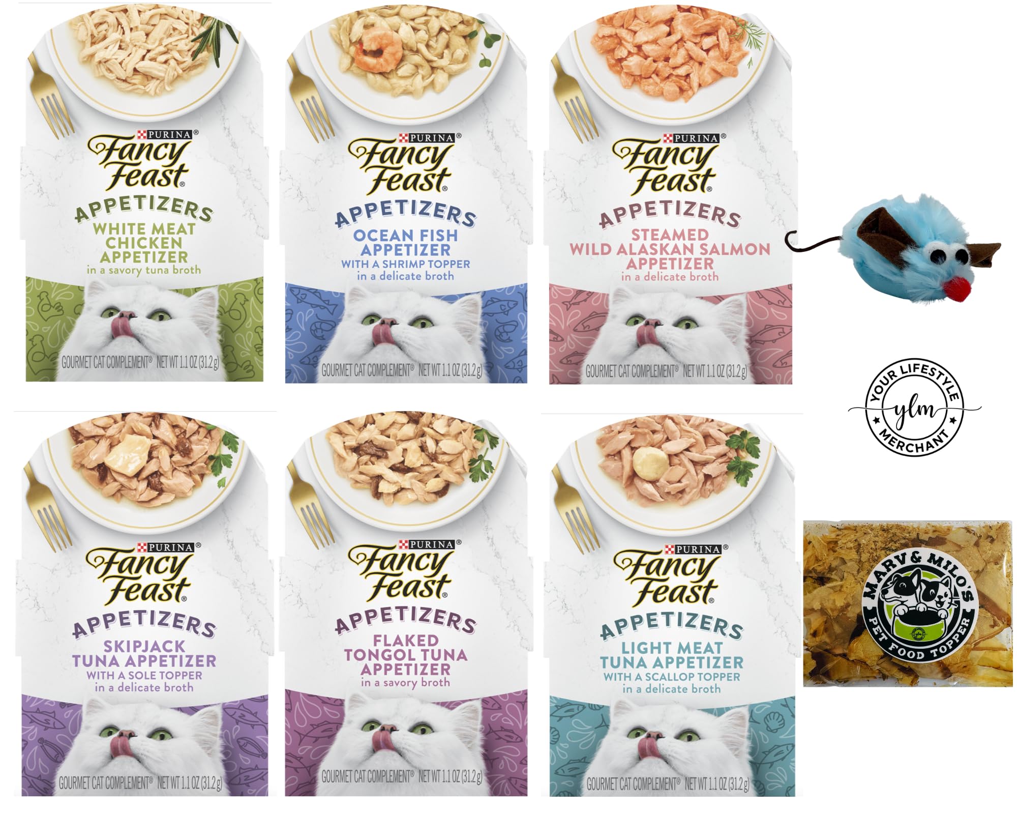 Premium Cat Treats Bundle - Marv & Milo's Bonito Fish Flakes & YLM Catnip Mouse with Assorted Protein Varieties (Tongol Tuna, Salmon, Oceanfish, Chicken Beef, Skipjack Tuna Sole, Tuna Scallop) - 6 Pack 1.1oz Trays - Perfect for Training, Rewarding & Bonding with Your Feline Friend