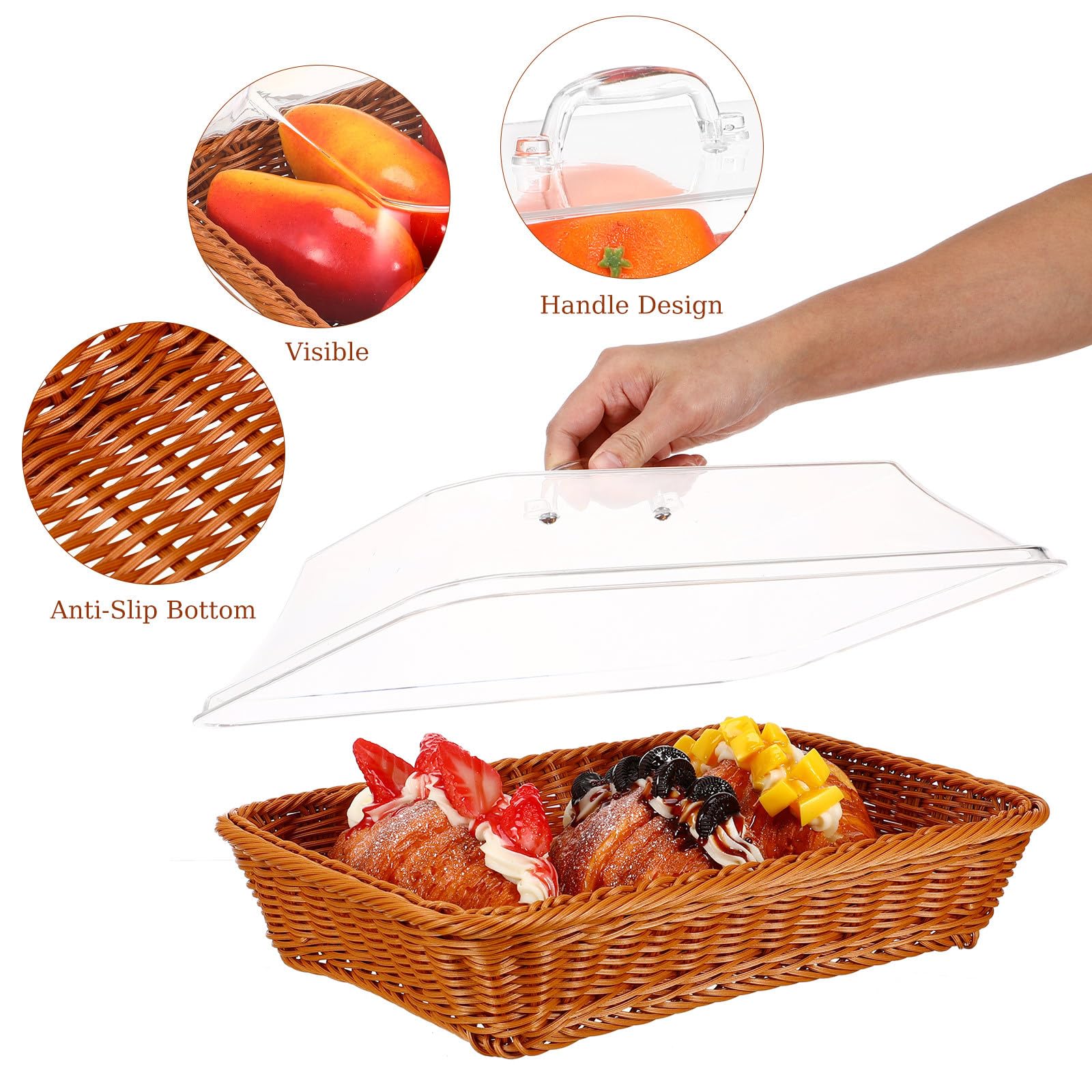 DOITOOL Woven Bread Basket with Acrylic Lid - Rattan Style Serving Basket for Bread, Fruits & Pastries | Perfect for Kitchen, Restaurant & Dining Table Decor