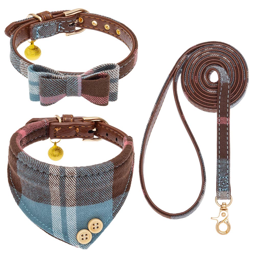 EXPAWLORER Adjustable Dog Collar and Leash Set with Plaid Bow Tie, Bandana & Bell - Tangle-Free Leash for Small, Medium & Large Dogs - Perfect for Holidays, Walks & Gifting