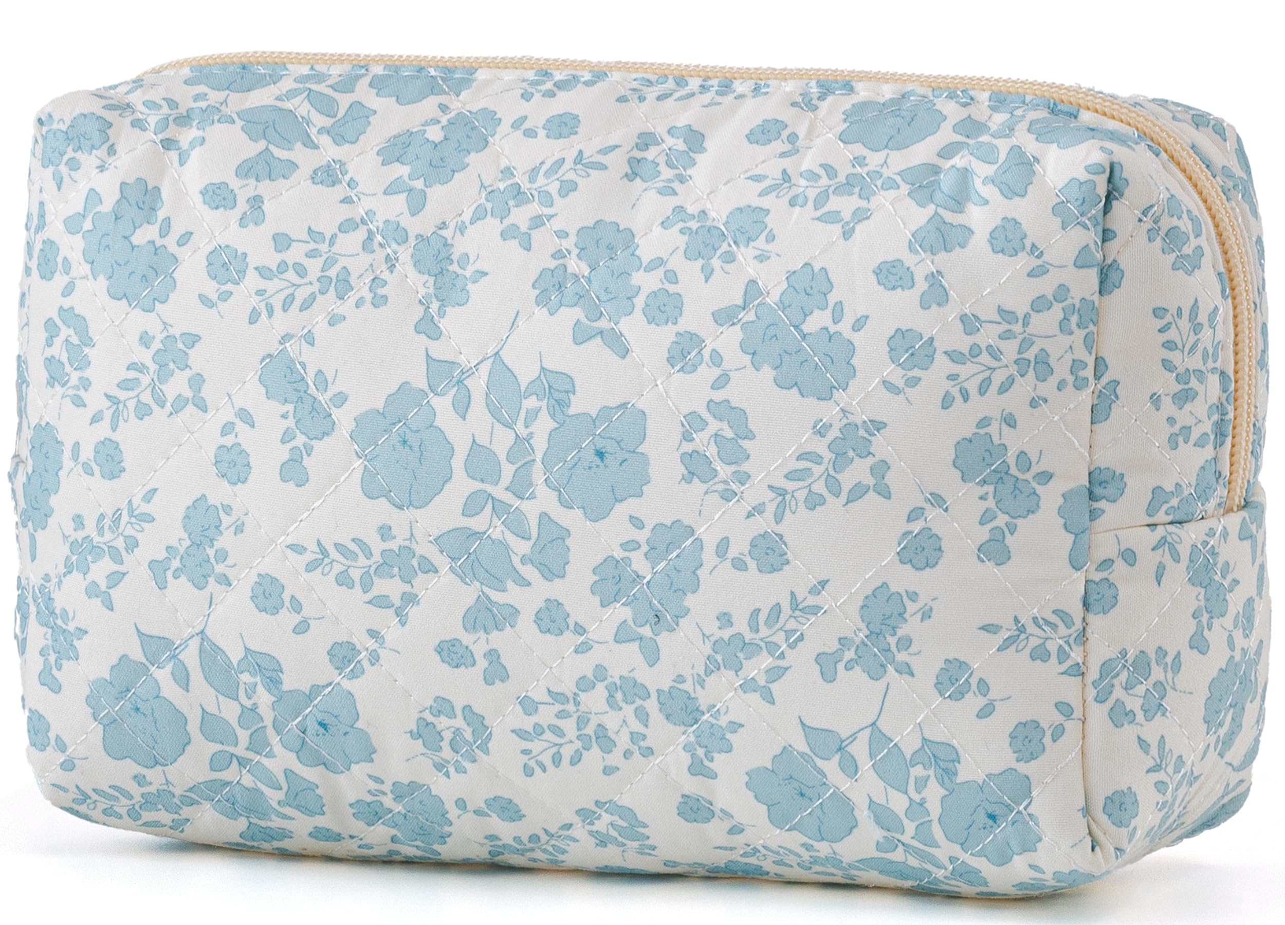 HBselect Quilted Makeup Bag for Women - Large Travel Cosmetic Organizer with Floral Design, Cotton Toiletry Bag for Girls (Blue Flower) | Perfect for Travel, Gym & Daily Essentials Storage