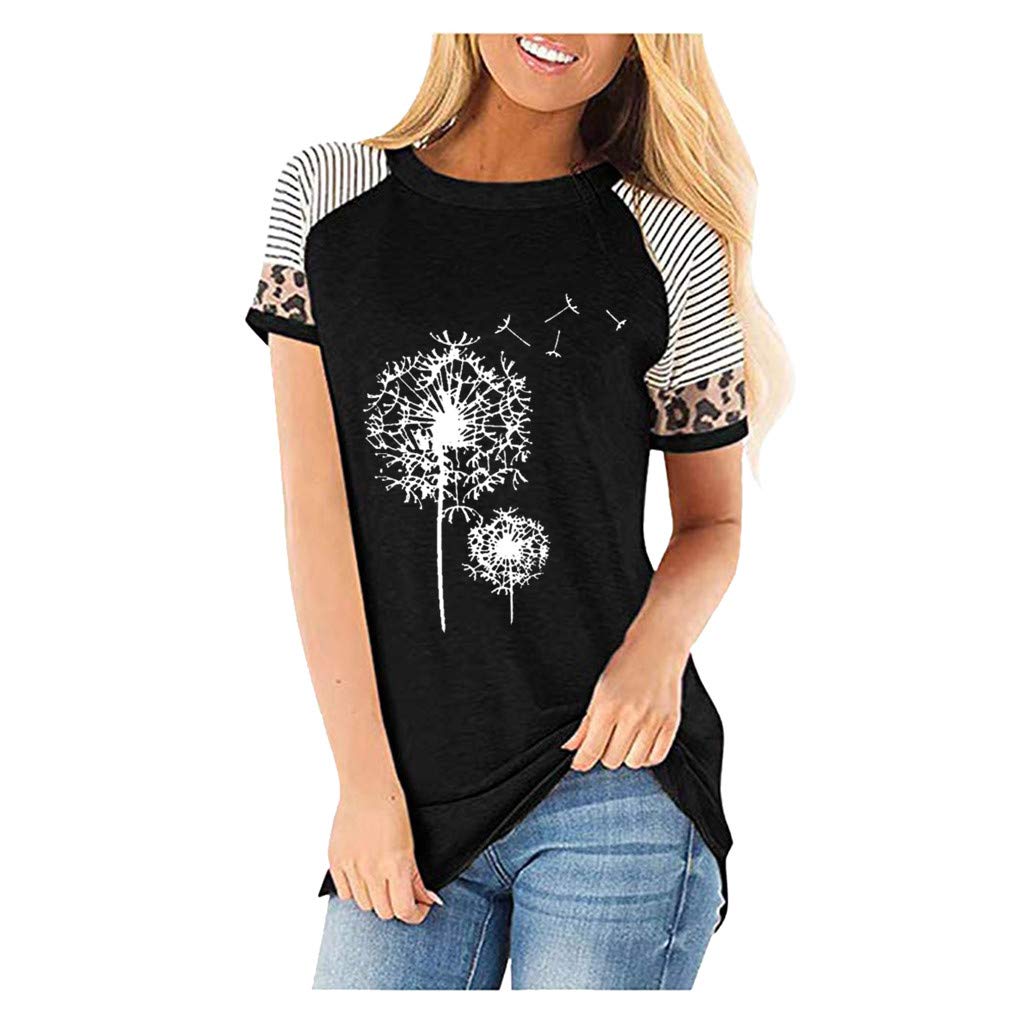 Lozeny Women's Floral Dandelion Graphic T-Shirt - Raglan Short Sleeve Summer Blouse, Pullover Tunic Top for Casual Wear, Outfits, and Street Fashion