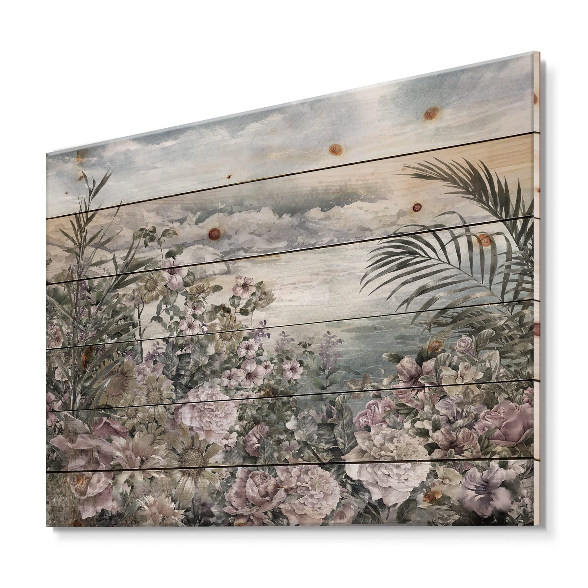Vintage Floral Wood Wall Art - Retro Flowers By The Sea Side Decor, Large Gray Pine Wood Wall Panels for Living Room, Bedroom & Coastal Home Decor