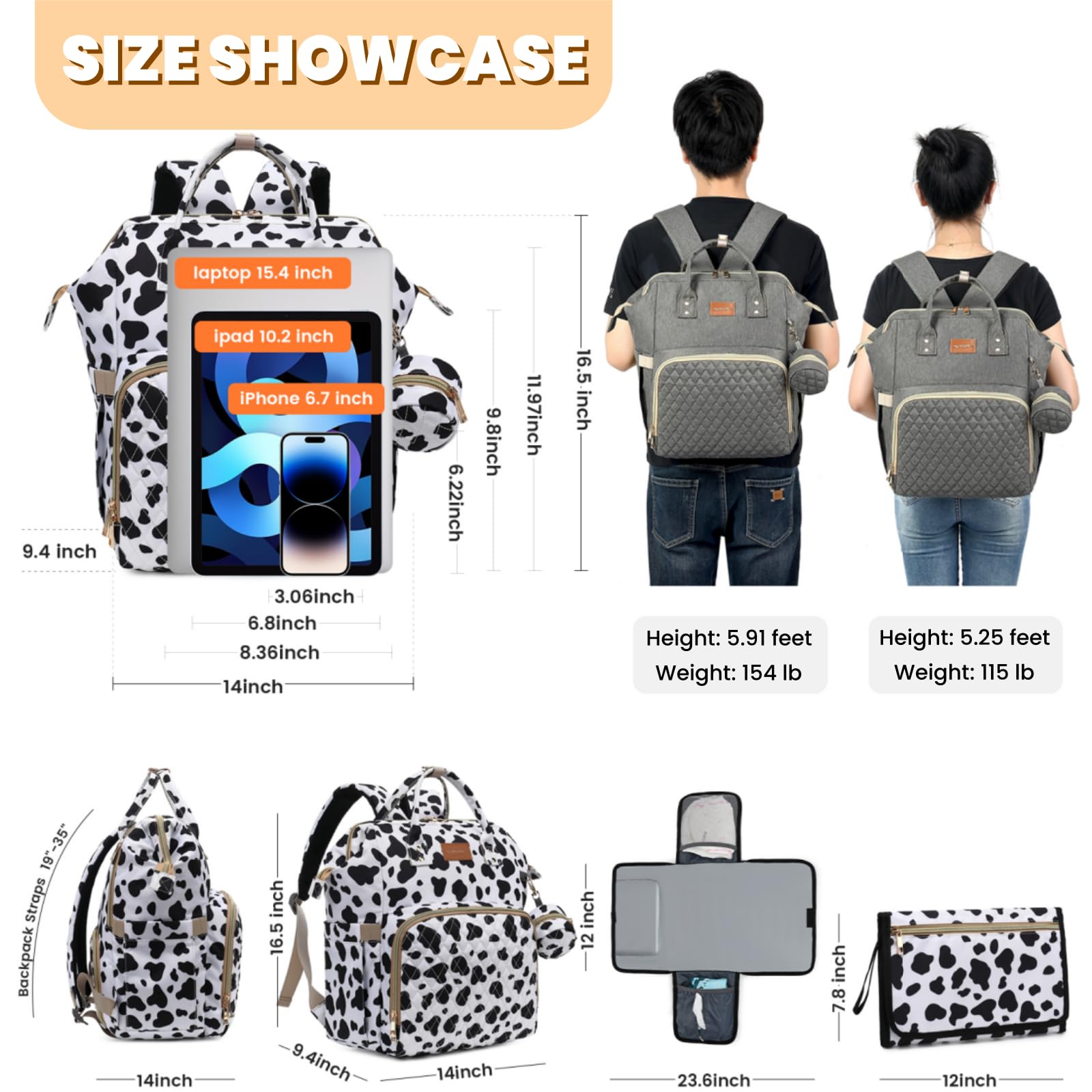 ROSEGIN Large Waterproof Diaper Backpack for Moms - Baby Bag with Changing Pad & Pacifier Case - Stylish Travel Diaper Bag for Boys, Girls & Toddlers - Perfect for Baby Showers, Registry & On-the-Go Parenting (Cow Print)