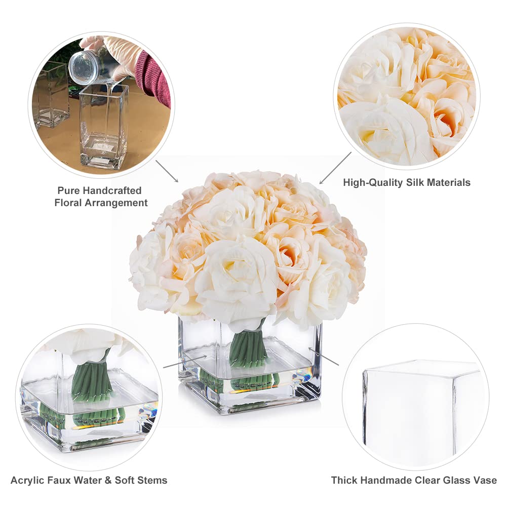 ENOVA FLORAL 18-Piece Artificial Rose Flowers in Vase with Faux Water - Cream Beige Fake Flowers for Wedding Centerpieces, Dining Table Decor, Home & Office Decoration