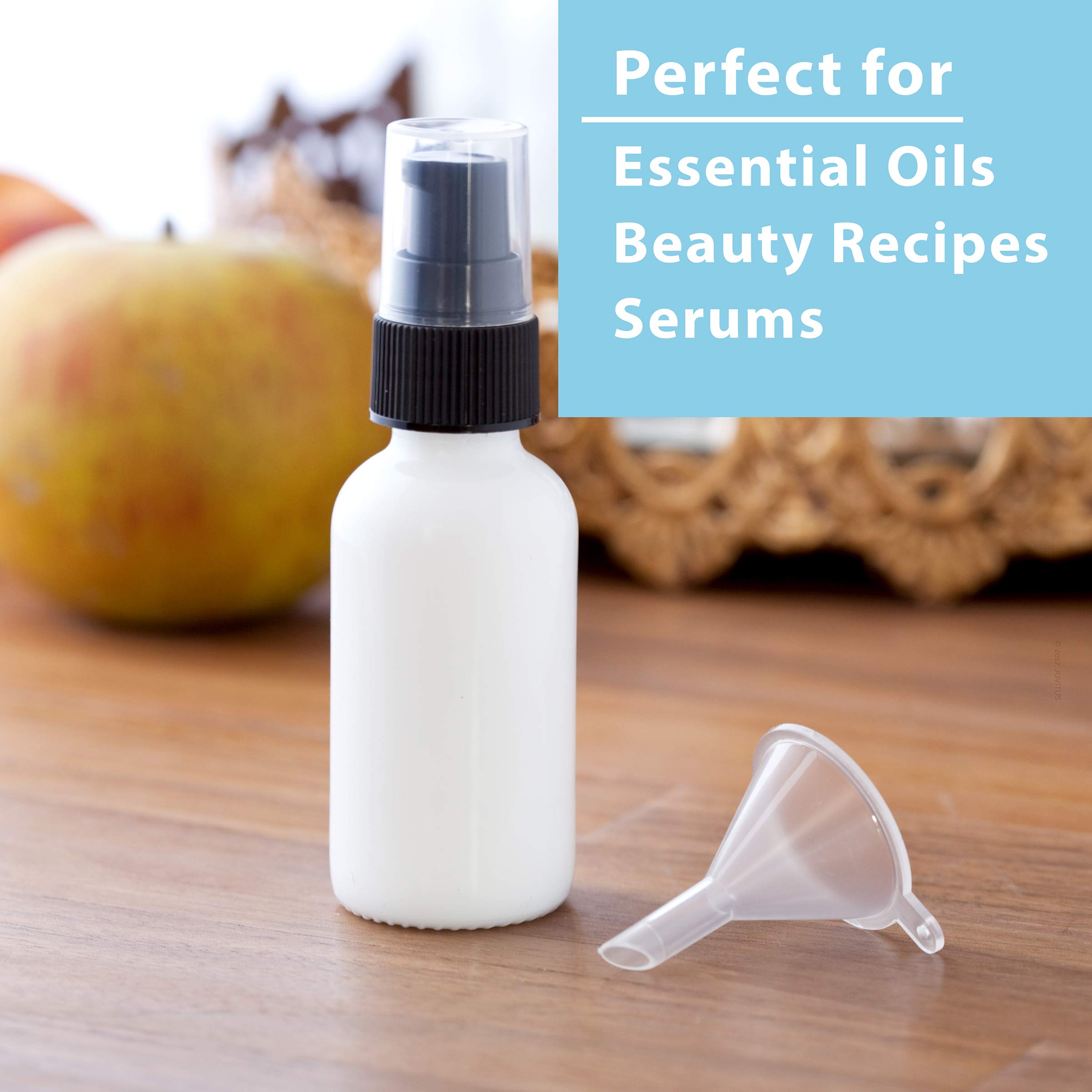 JUVITUS 1 oz Opal White Glass Boston Round Bottles with Black Treatment Pump (24 Pack) + Funnel - Perfect for Essential Oils, DIY Skincare & Travel-Sized Beauty Products