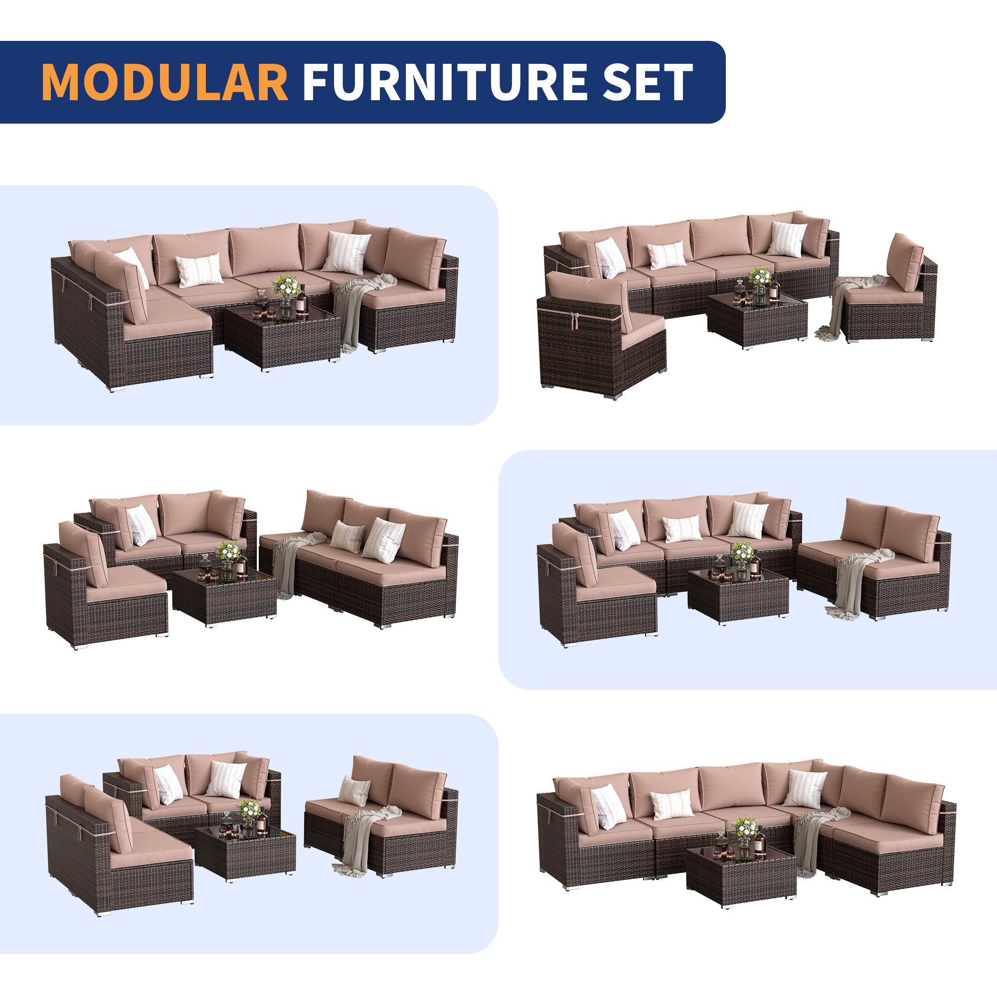 7-Piece Outdoor Patio Furniture Set with Waterproof Cover - All-Weather Wicker Sectional Sofa for Backyard, Brown with Beige Cushions - Perfect for Garden, Poolside & Outdoor Entertaining