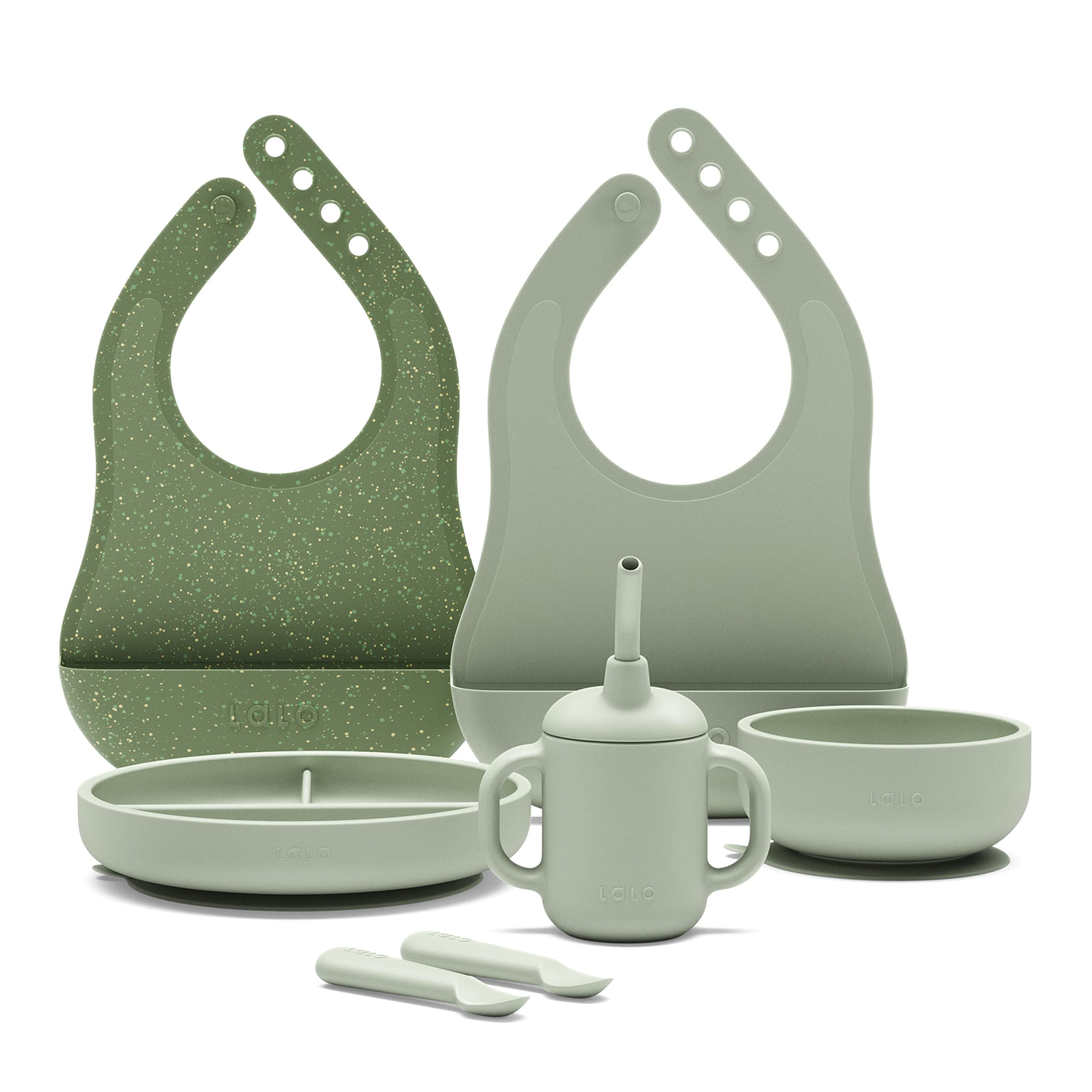 Lalo First Bites Silicone Baby Feeding Set - 6-Piece Non-Toxic Baby Led Weaning Kit with 2 Bibs, 2 Spoons, Training Cup, Suction Plate & Bowl - Safe for Infants & Toddlers - Perfect for Mess-Free Mealtime and Early Self-Feeding Development