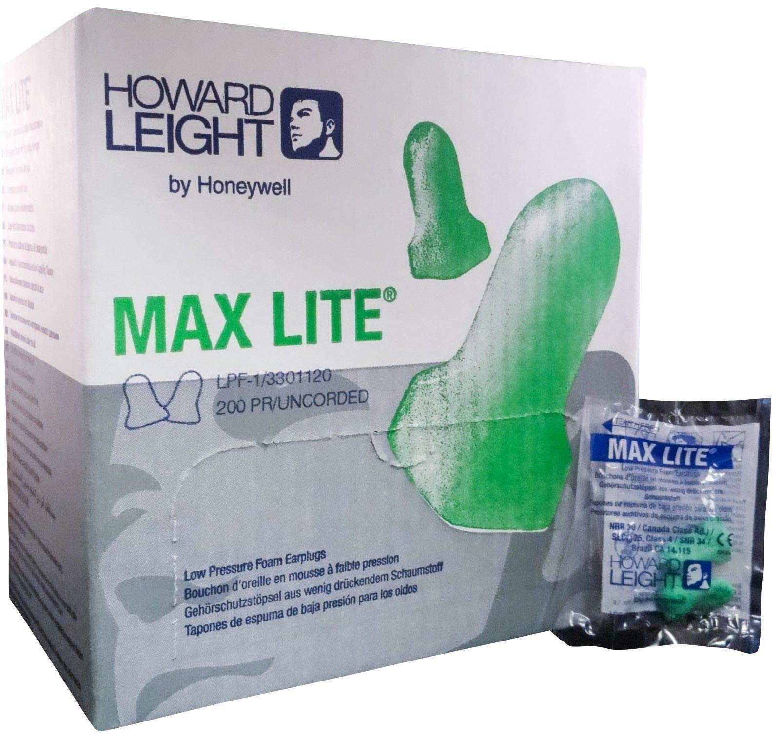 Howard Leight Max Lite Disposable Earplugs with Cord - 50 Pairs (10 Boxes) | NRR 30dB Noise Reduction for Shooting, Construction & Sleeping | Comfortable Foam Ear Protection for Work & Travel